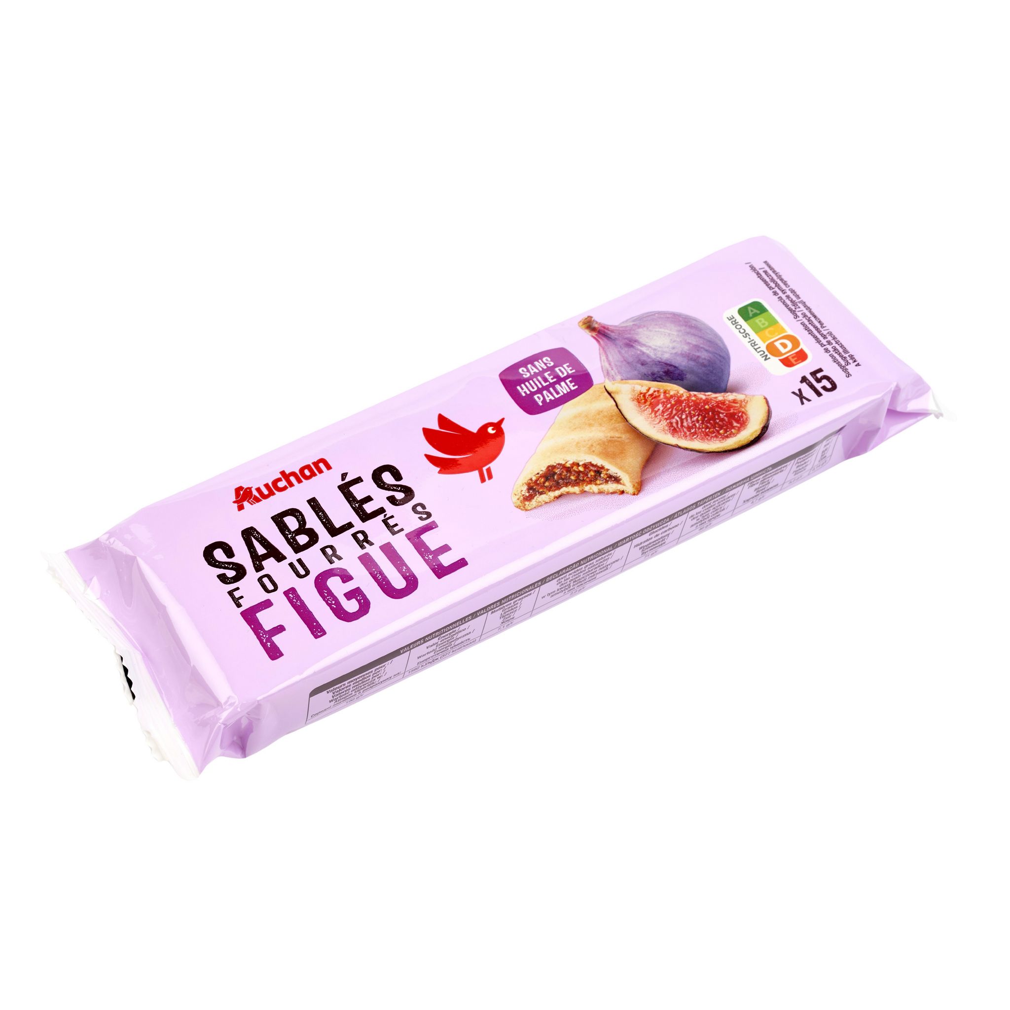 Voir la diapositive 4 : AUCHAN Biscuits sablés fourrés aux figues sans huile de palme 15 biscuits 165g