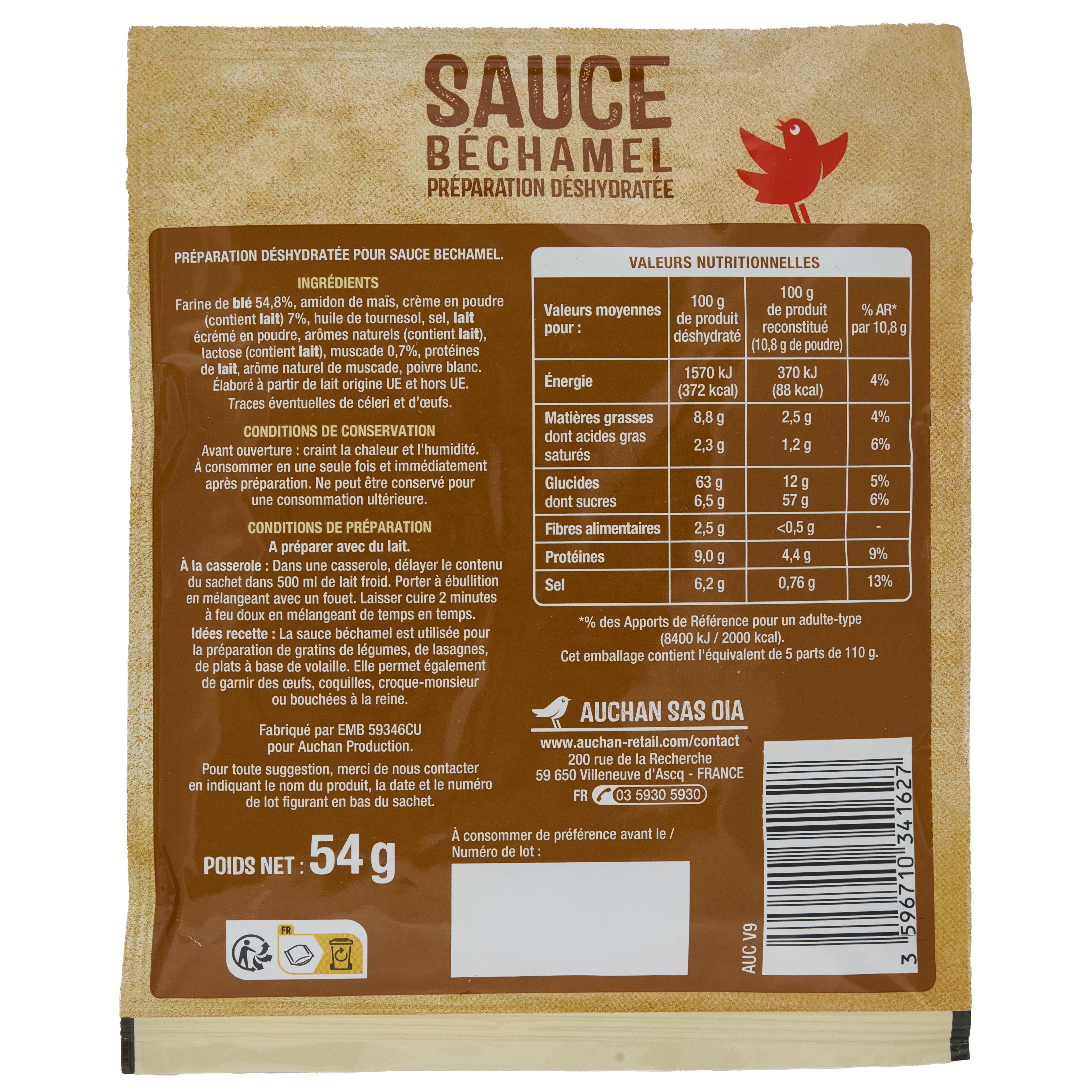 Voir la diapositive 2 : AUCHAN Sauce béchamel déshydratée en sachet 54g