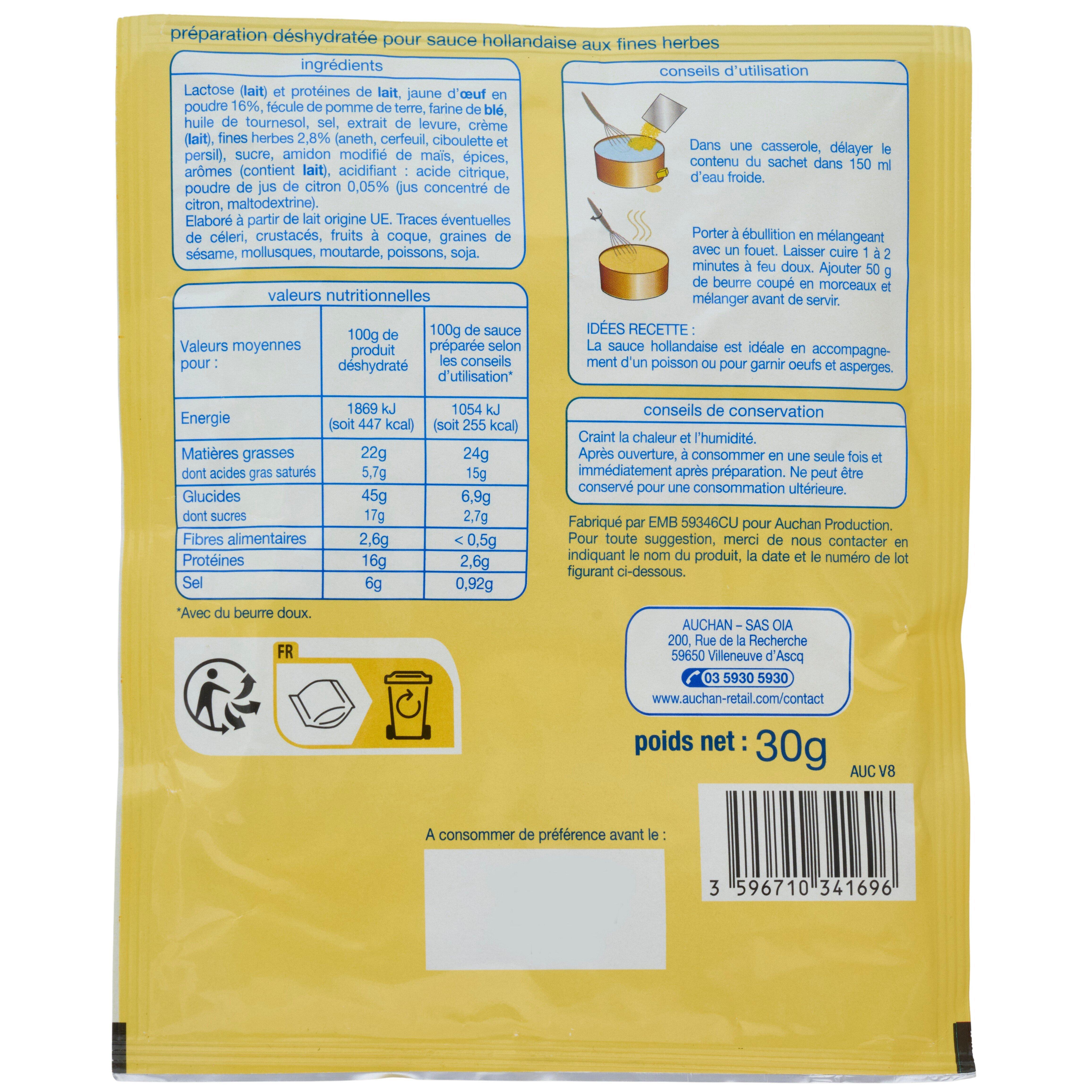 Voir la diapositive 3 : AUCHAN Sauce hollandaise déshydratée en sachet 32g