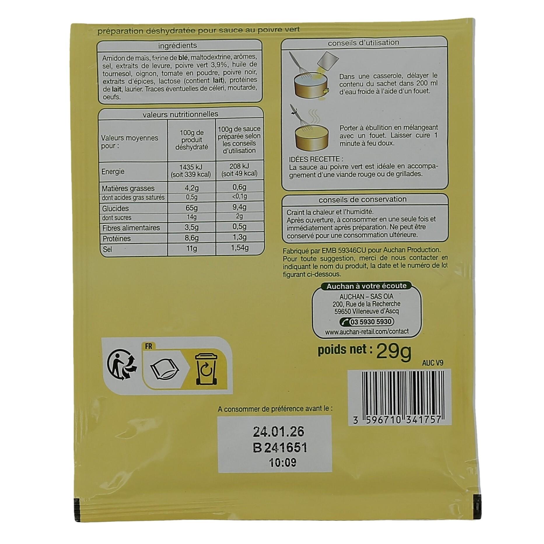 Voir la diapositive 2 : AUCHAN Sauce poivre vert déshydratée en sachet 29g