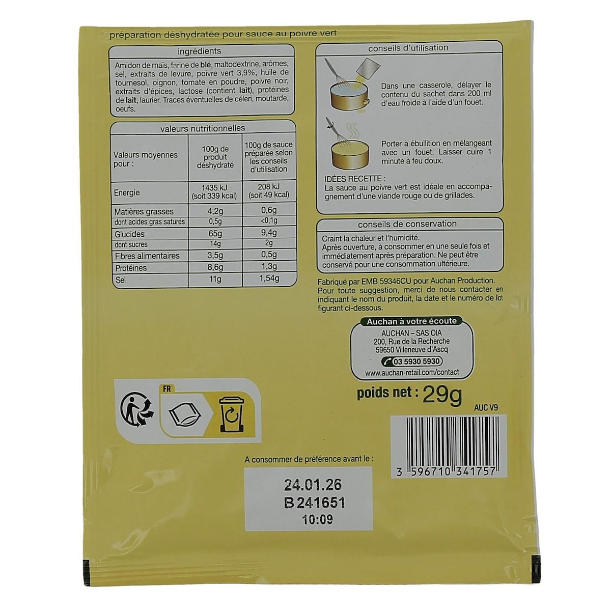 AUCHAN Sauce poivre vert déshydratée en sachet 29g