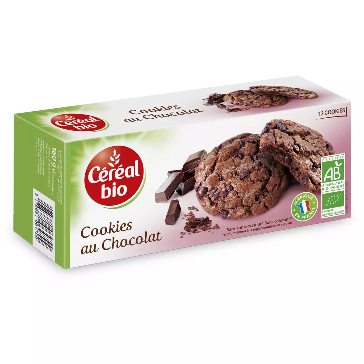 CÉRÉAL BIO Cookies au chocolat sans conservateur ni colorant 12 biscuits 160g