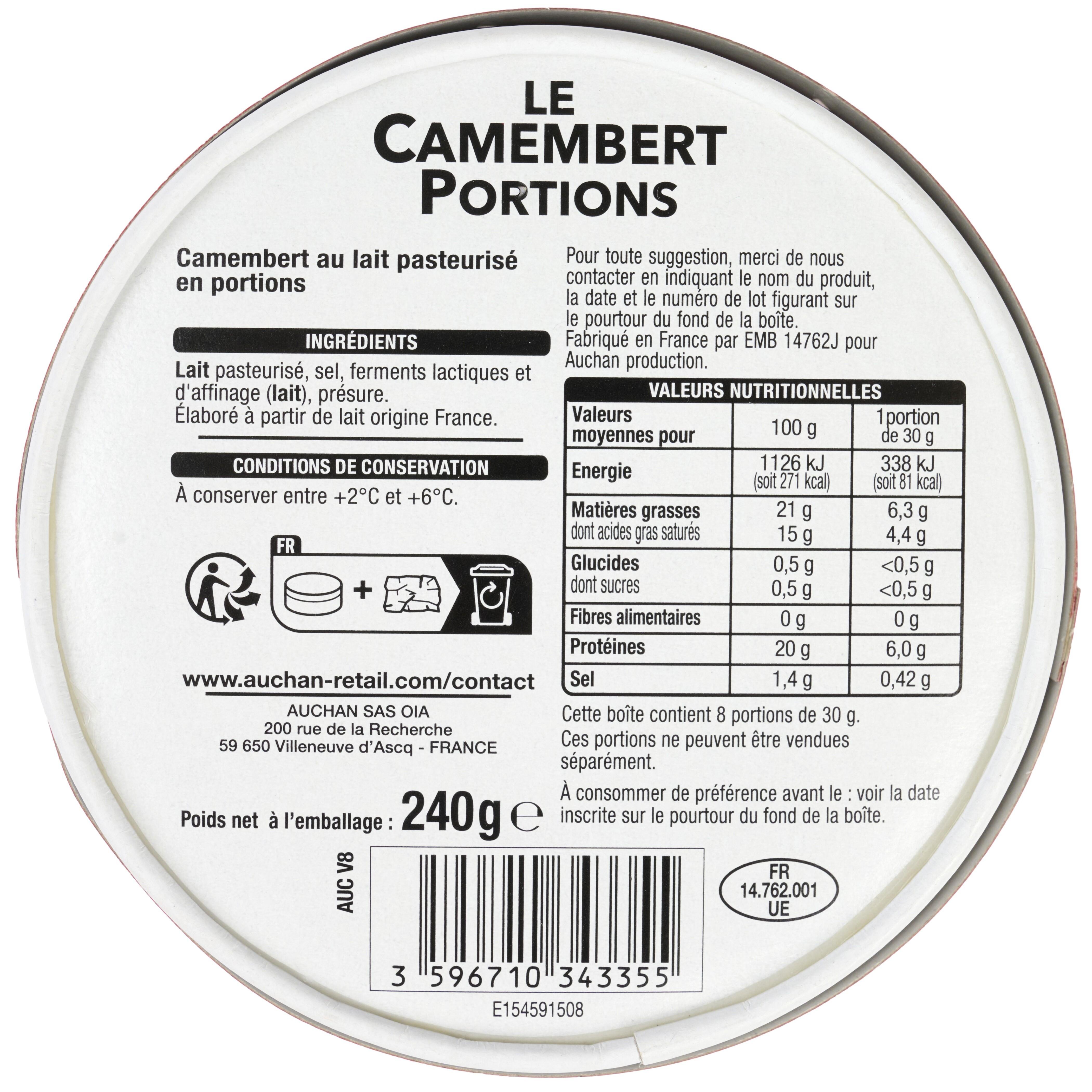 Voir la diapositive 3 : AUCHAN Camembert en portions 8 parts 240g