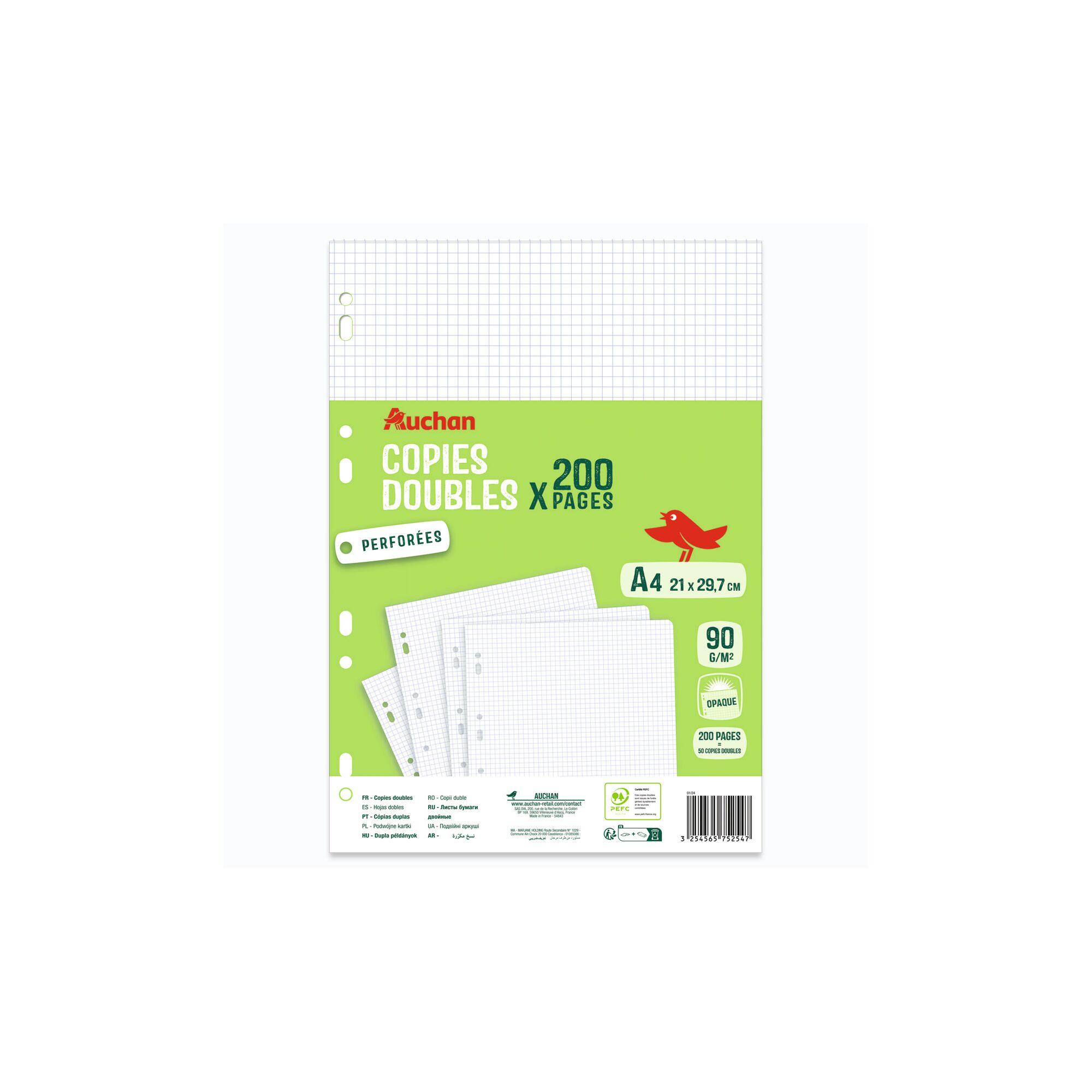 AUCHAN Copies doubles 200 pages, petits carreaux 5x5 perforées, format 21x29,7cm
