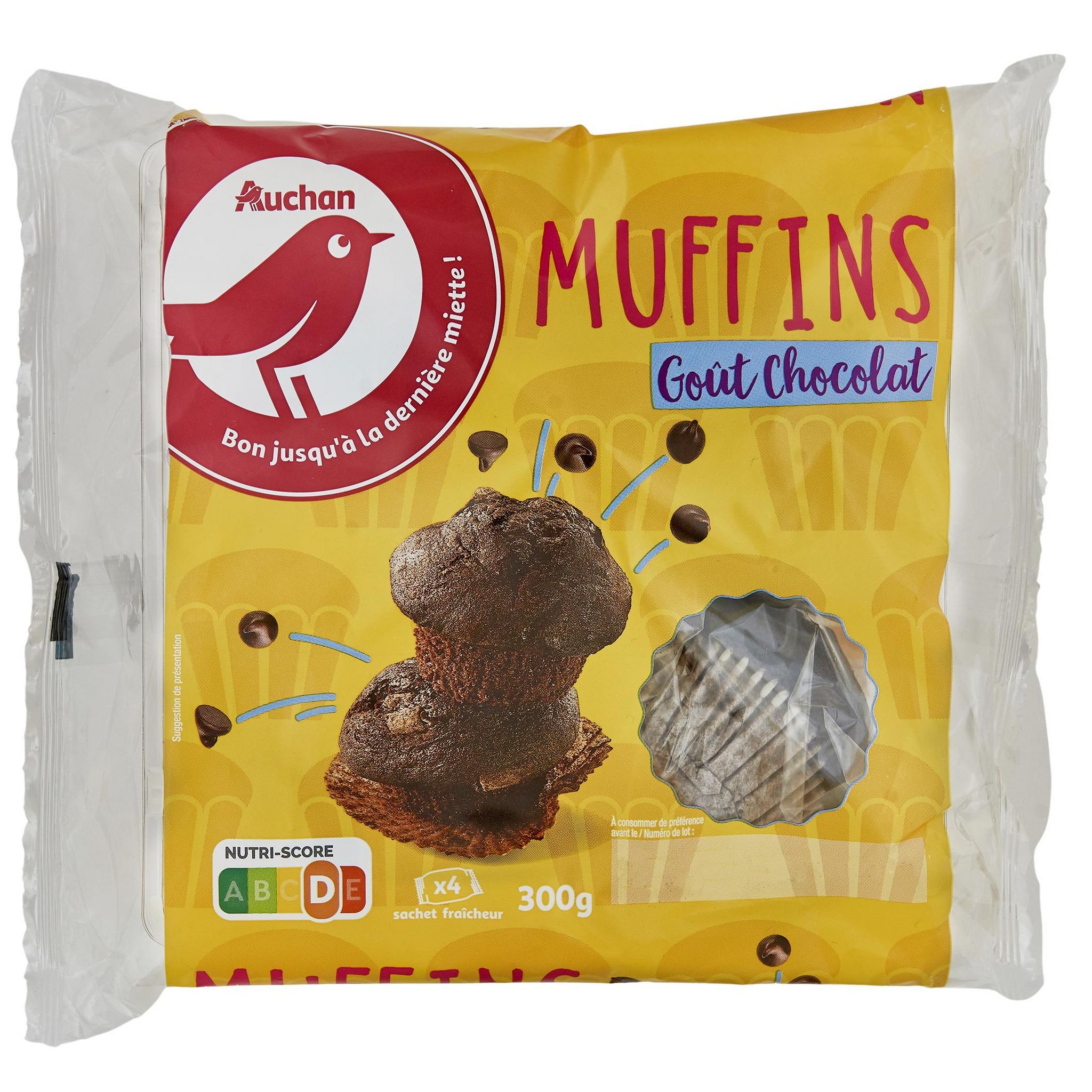 AUCHAN Muffins goût chocolat sachets individuels 4 gâteaux 300g