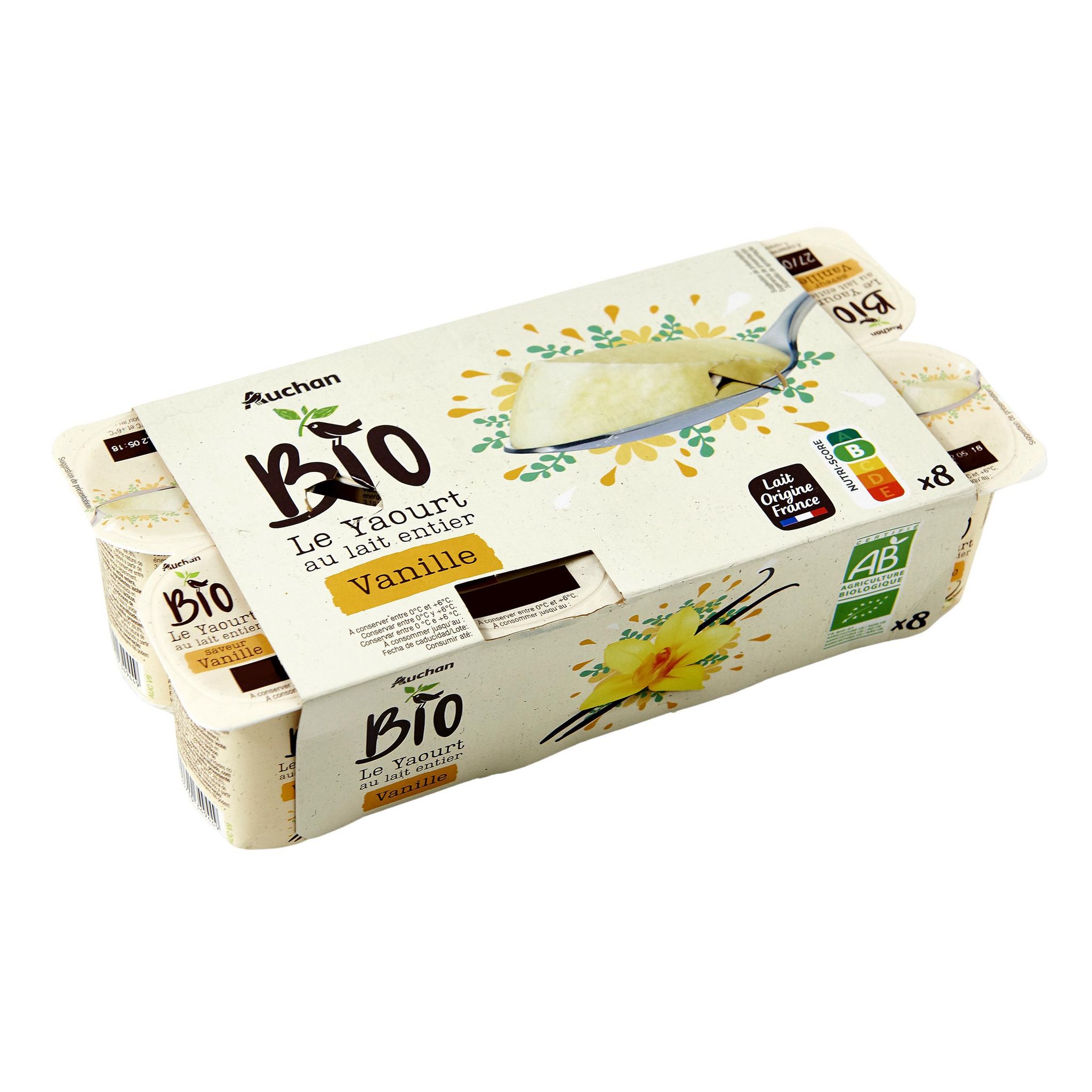 Voir la diapositive 2 : AUCHAN BIO Yaourt au lait entier aromatisé à la vanille 8x125g
