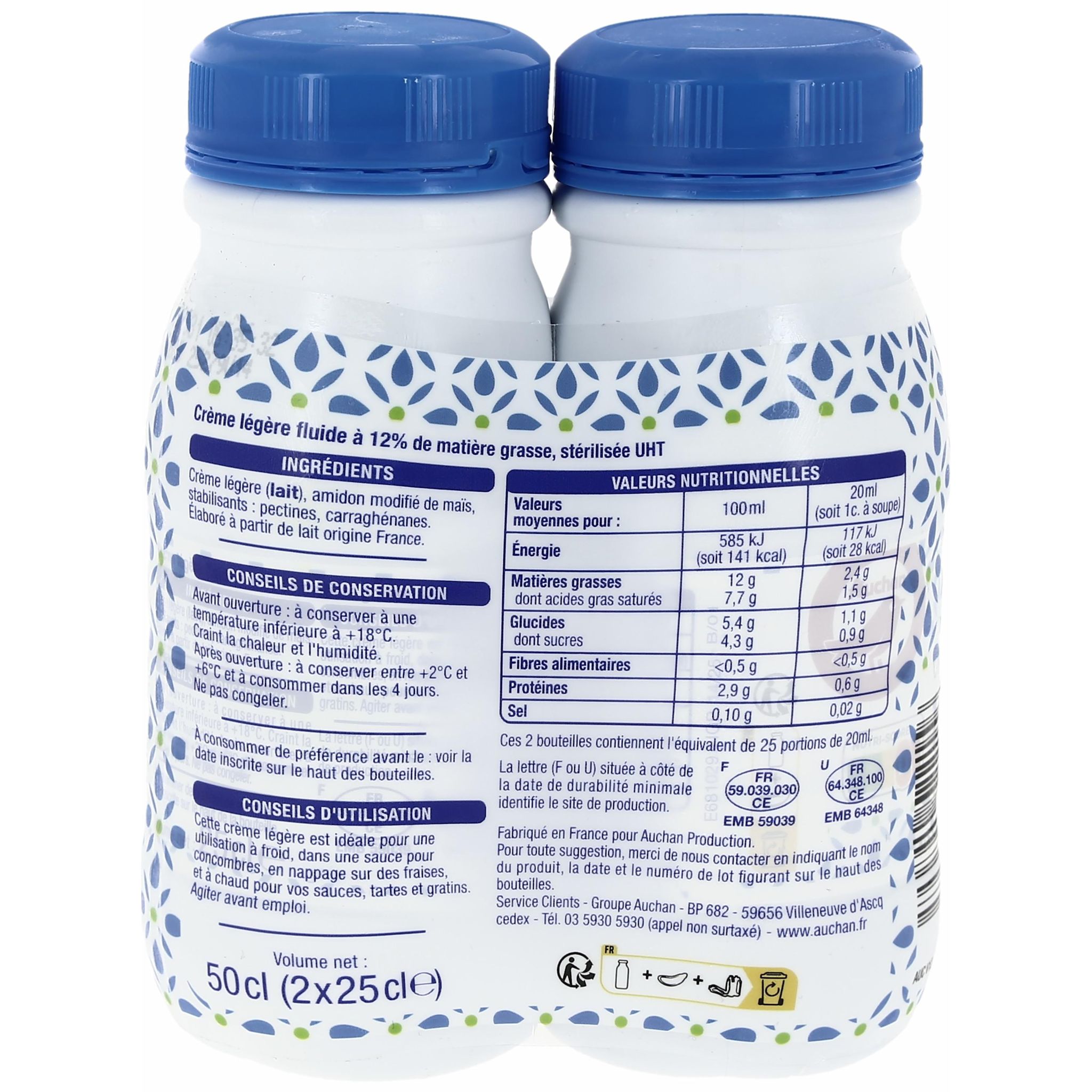 Voir la diapositive 2 : AUCHAN Crème fluide légère 12% MG UHT 2x25cl