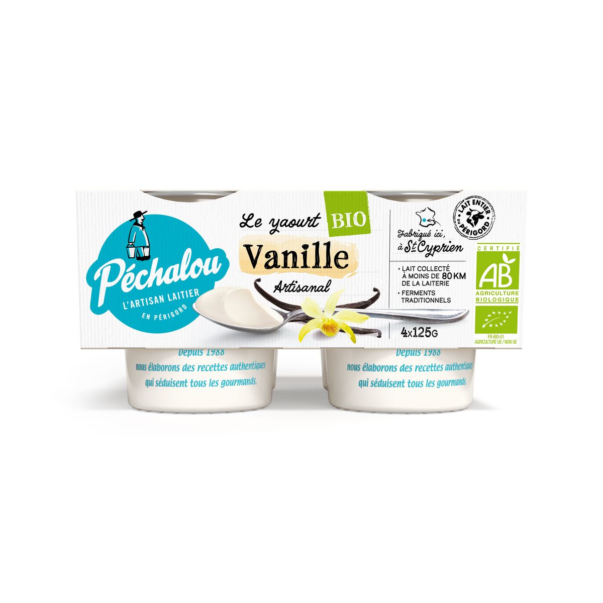 PECHALOU Yaourt bio à la vanille 4x125g