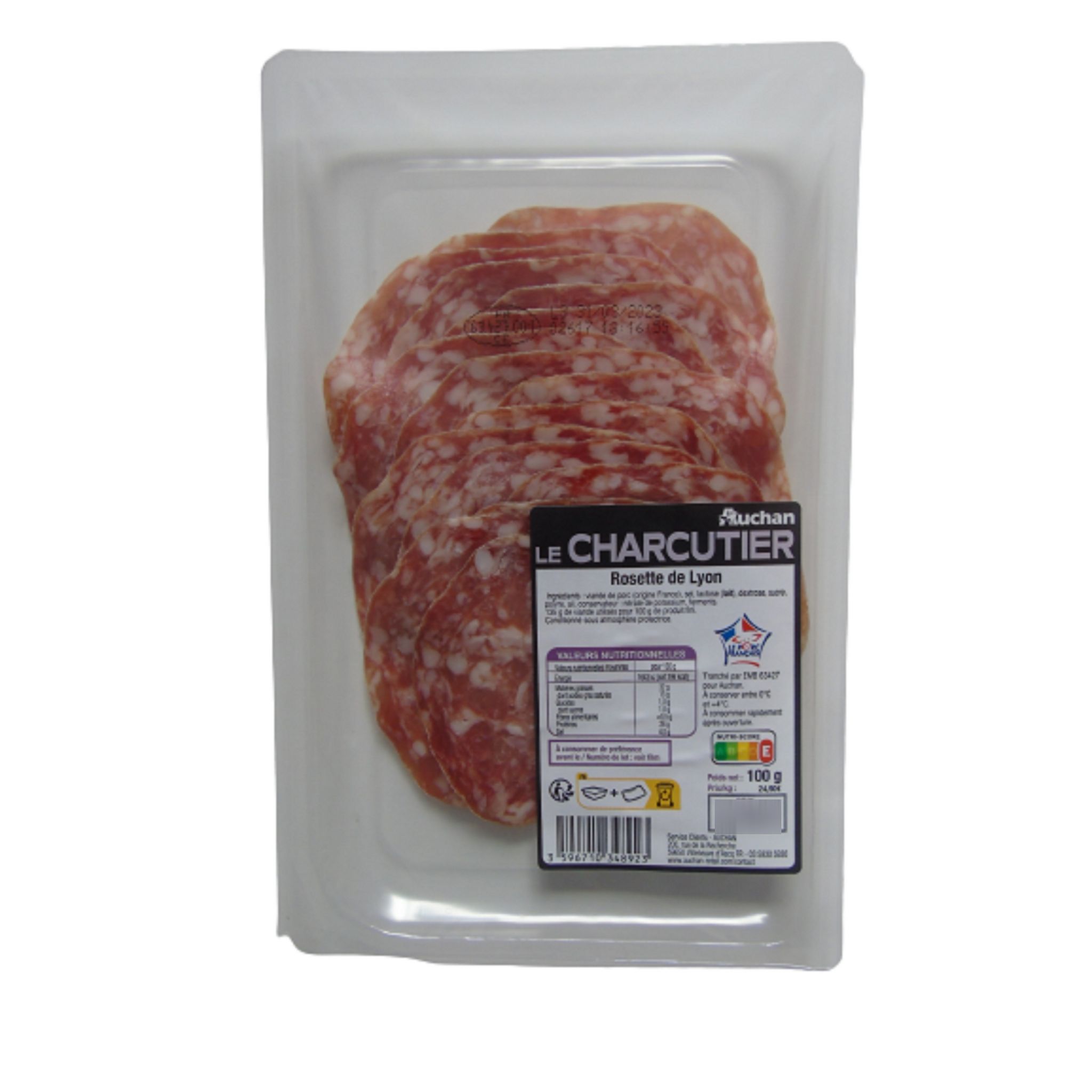Voir la diapositive 2 : AUCHAN LE CHARCUTIER Rosette de Lyon 16 tranches 100g