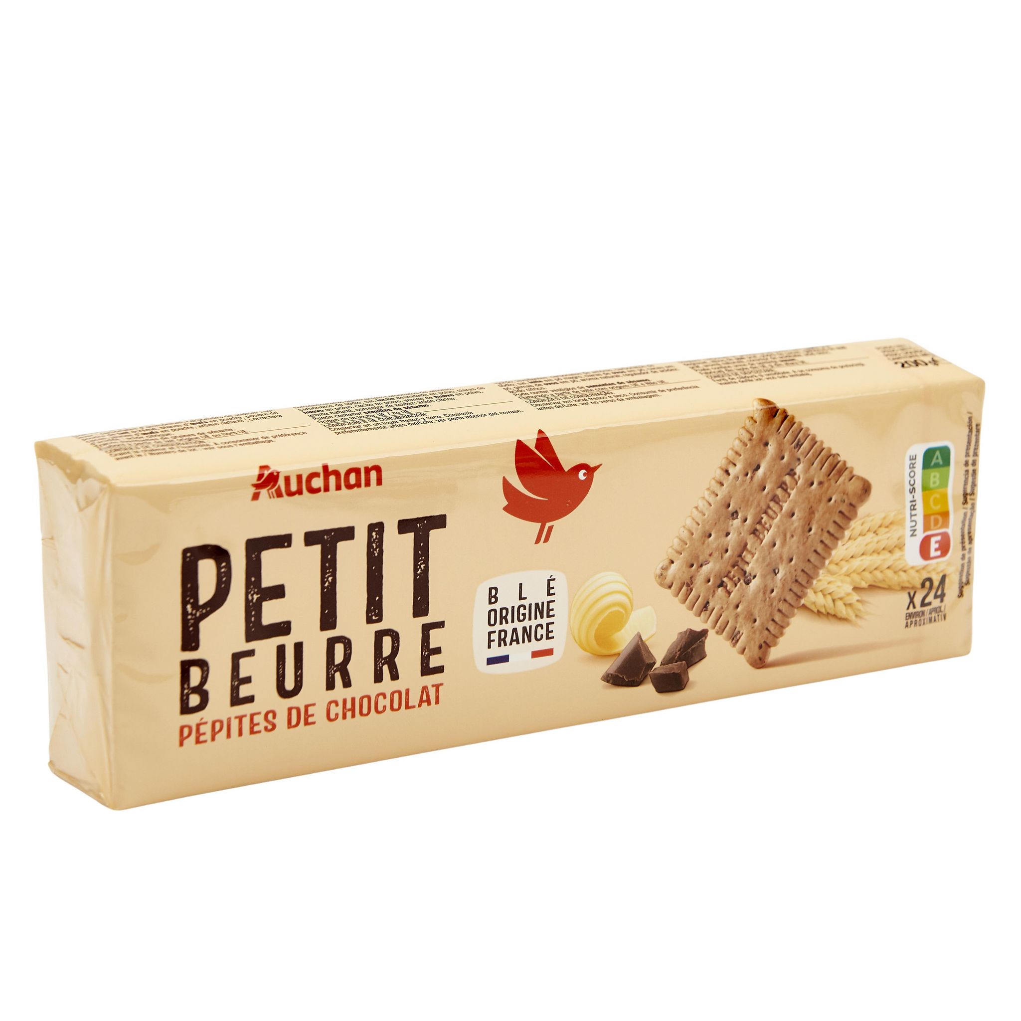 Voir la diapositive 2 : AUCHAN Biscuits petit beurre aux pépites de chocolat 24 biscuits 200g