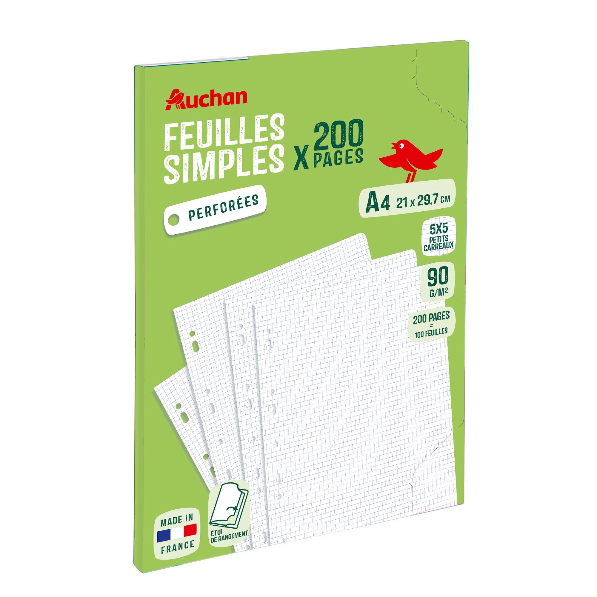 AUCHAN Feuilles simples 200 pages 21x29,7cm petits carreaux 5x5 perforées