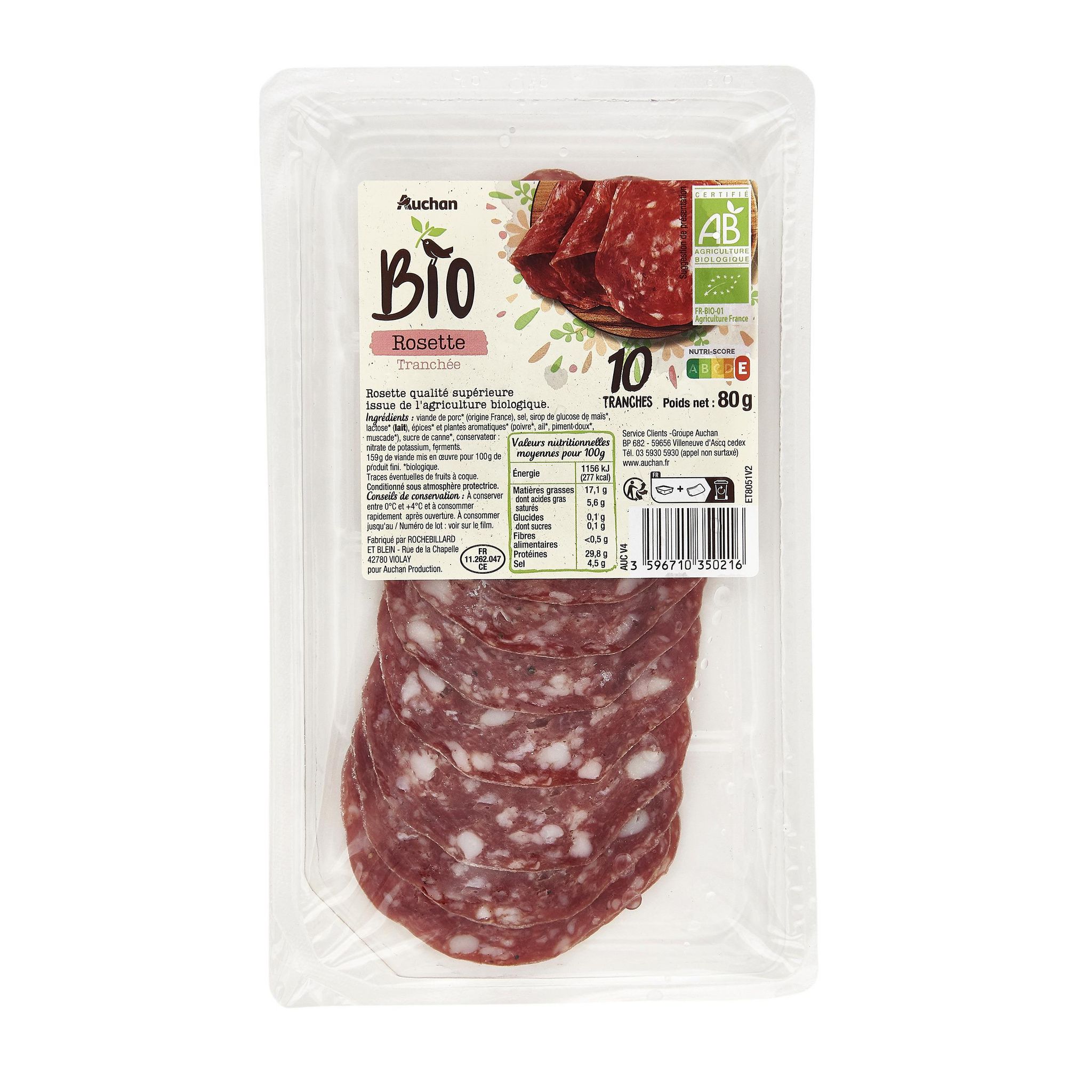 Voir la diapositive 2 : AUCHAN BIO Rosette tranchée 10 tranches 80g