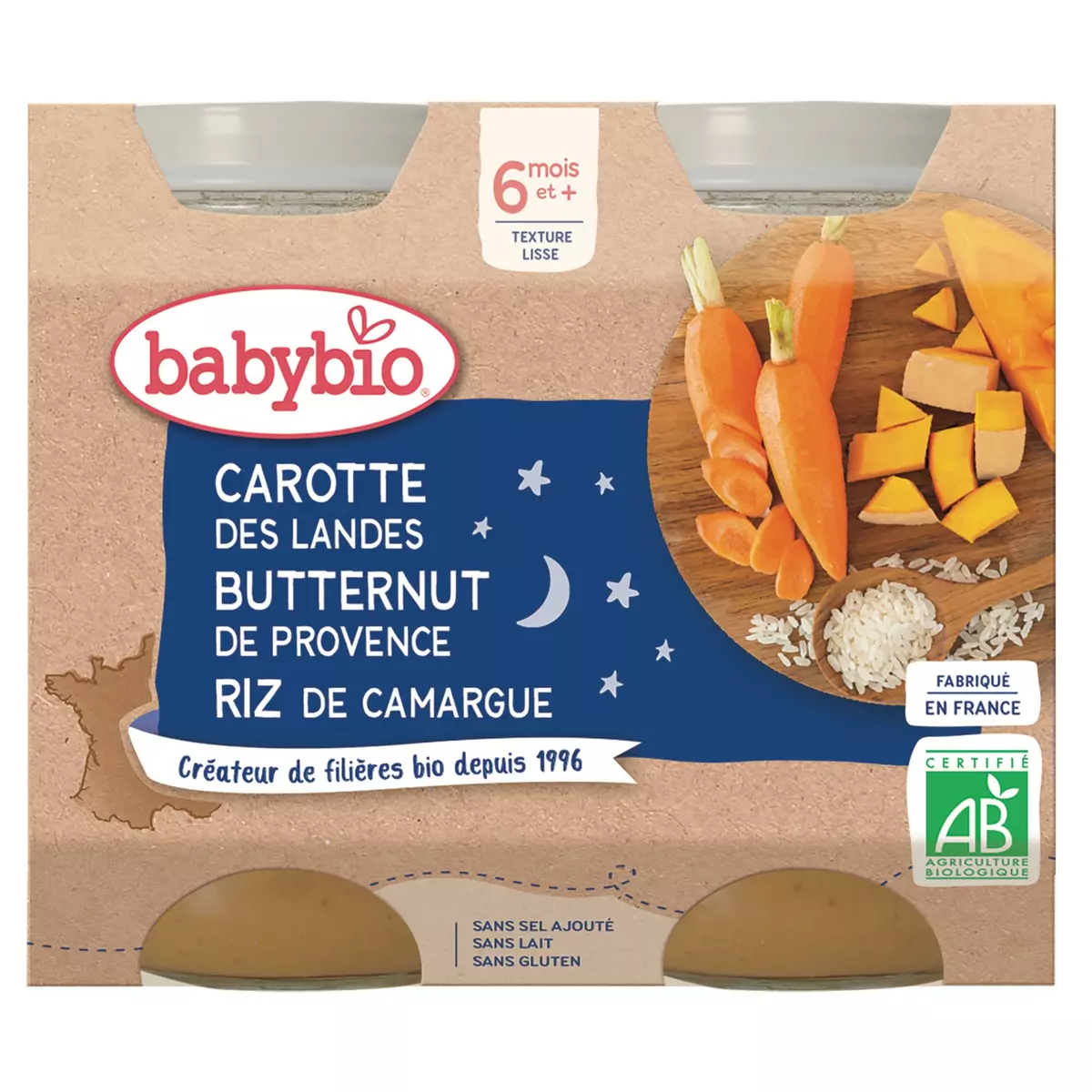 BABYBIO Petit pot carotte butternut riz bio dès 6 mois 2x130g