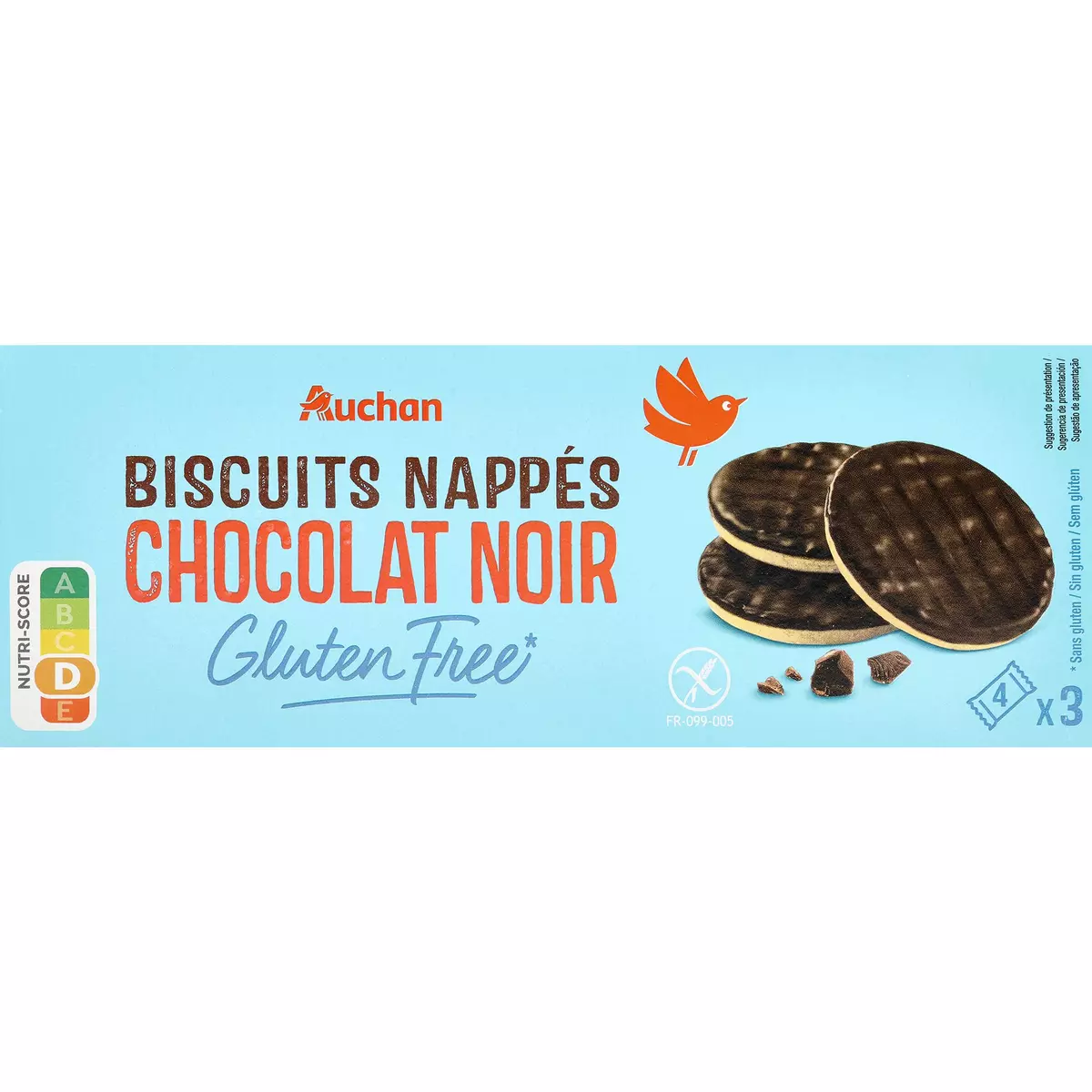 AUCHAN Biscuits nappés au chocolat noir sans gluten sachets fraîcheur 12 biscuits 150g