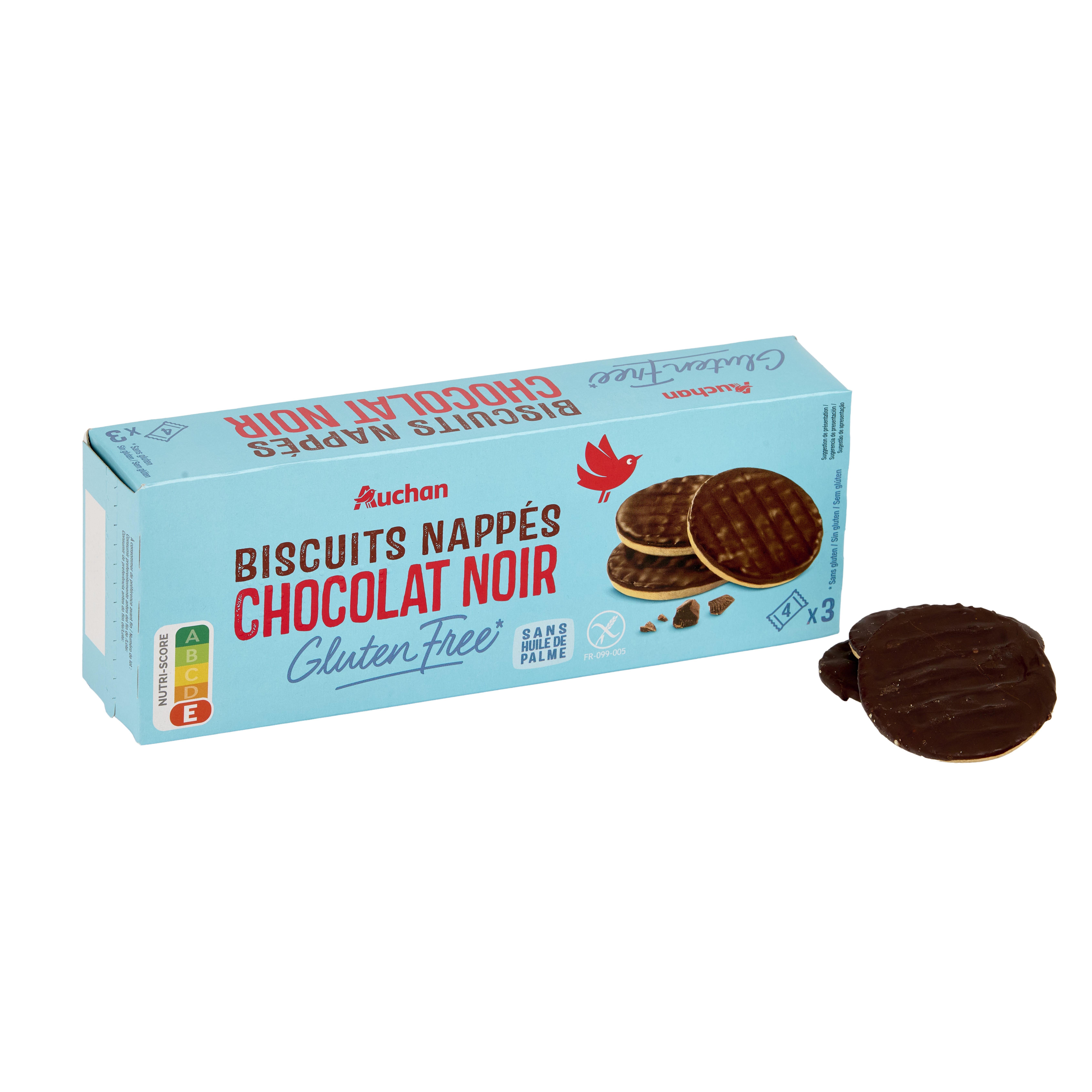 Voir la diapositive 3 : AUCHAN Biscuits nappés au chocolat noir sans gluten sachets fraîcheur 12 biscuits 150g