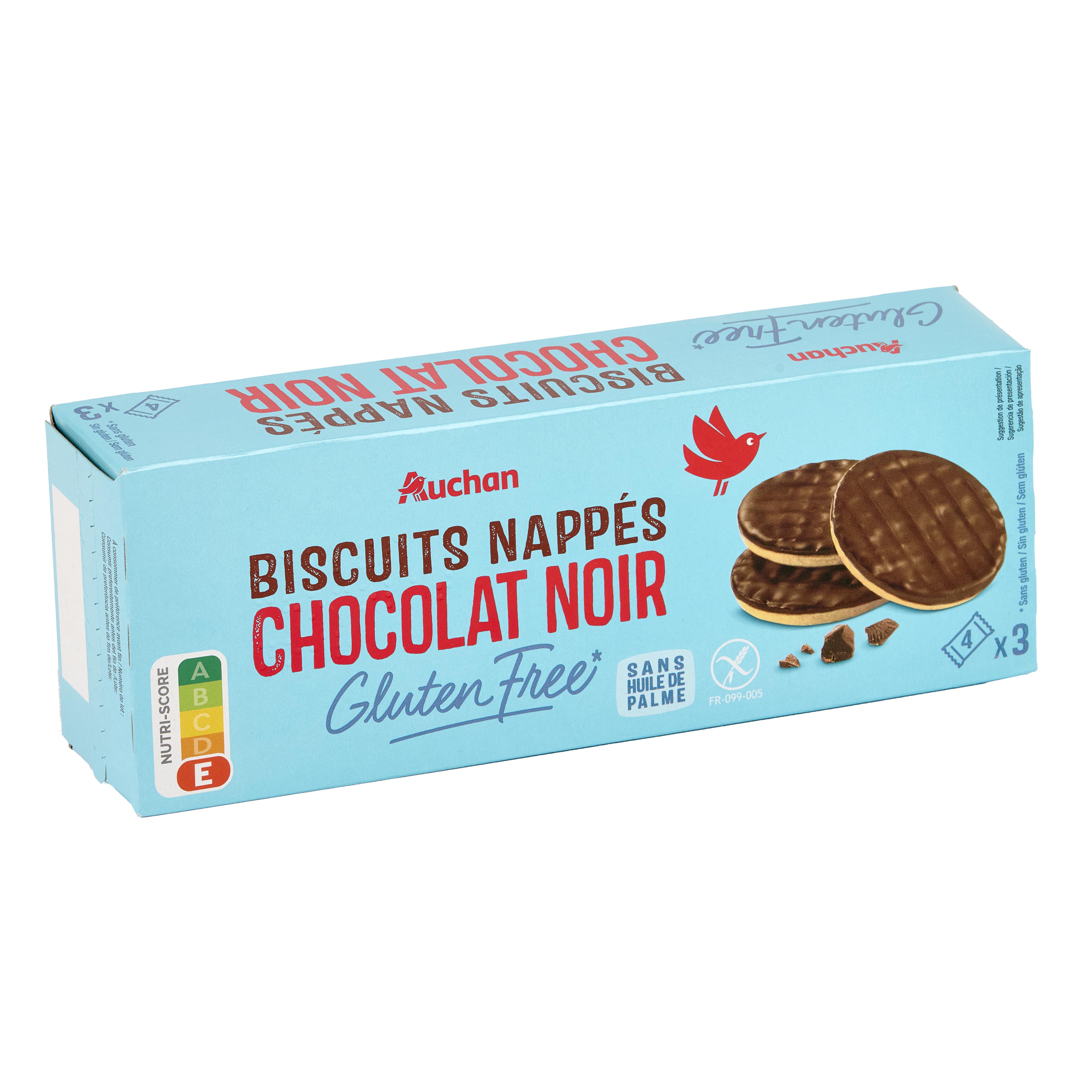 Voir la diapositive 4 : AUCHAN Biscuits nappés au chocolat noir sans gluten sachets fraîcheur 12 biscuits 150g