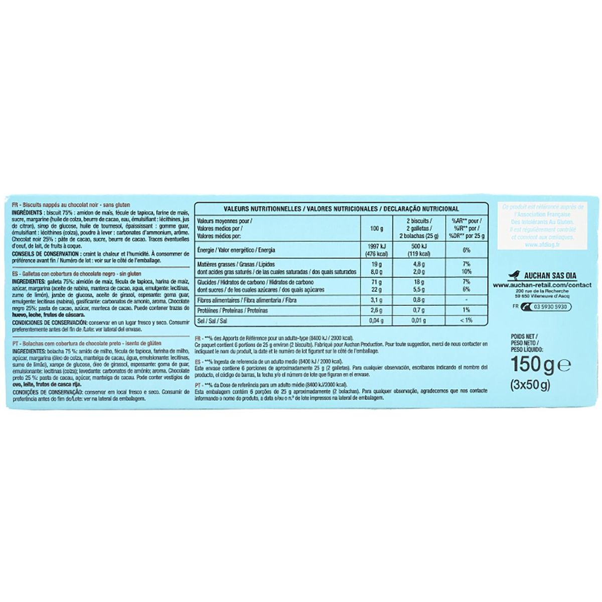 AUCHAN Biscuits nappés au chocolat noir sans gluten sachets fraîcheur 12 biscuits 150g