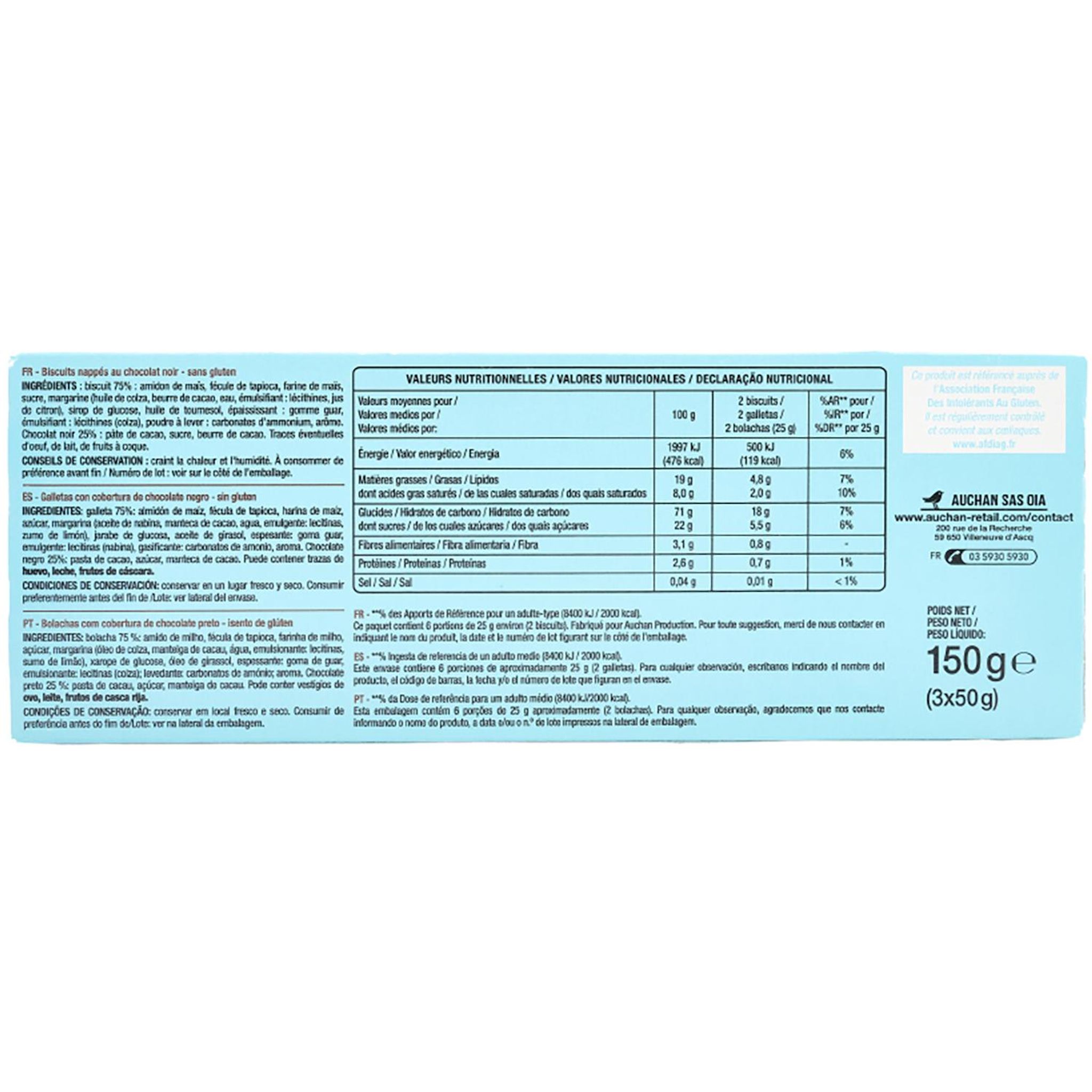 Voir la diapositive 4 : AUCHAN Biscuits nappés au chocolat noir sans gluten sachets fraîcheur 12 biscuits 150g