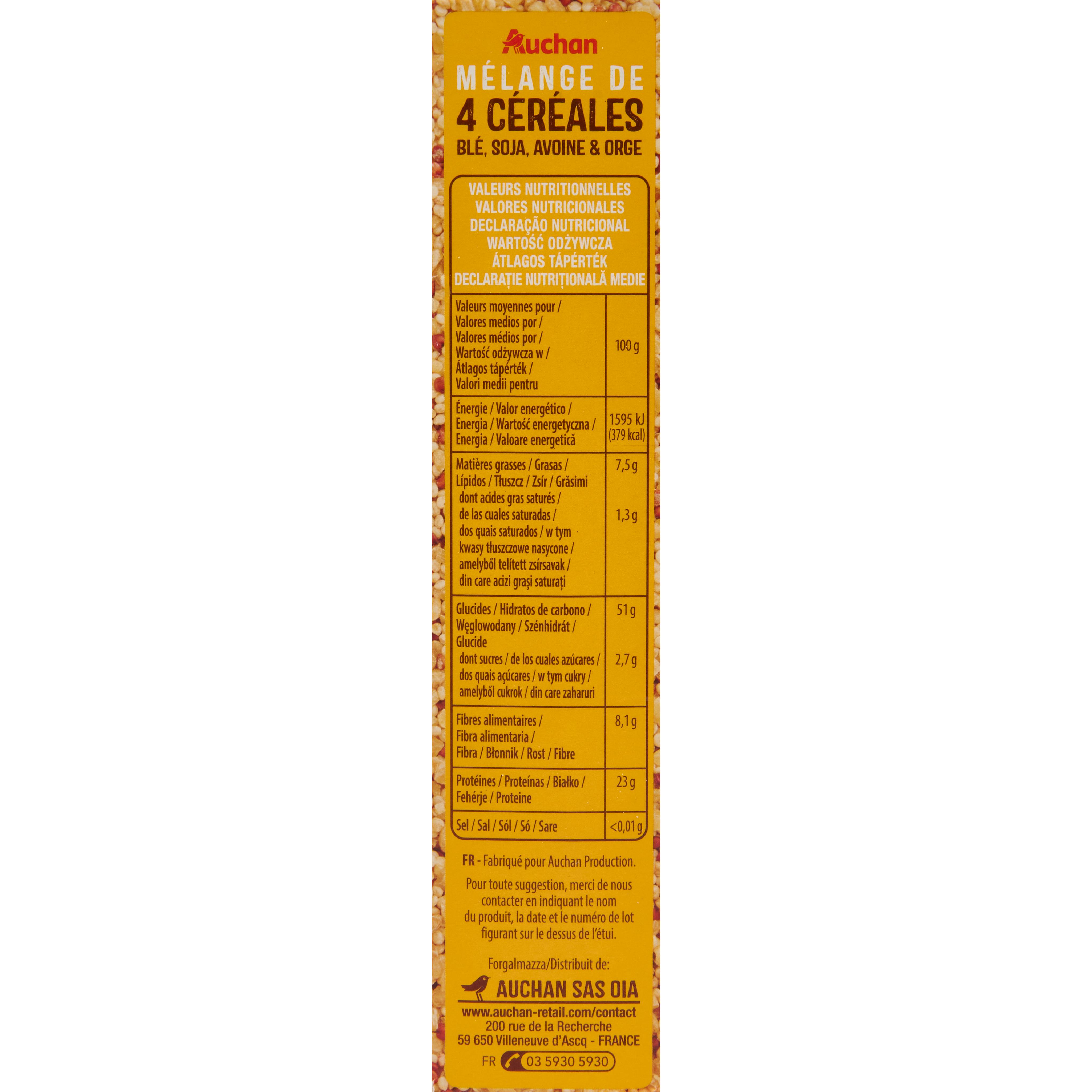 Voir la diapositive 2 : AUCHAN Mélange 4 céréales Blé Avoine Soja Orge prêt en 10 min 2x200g