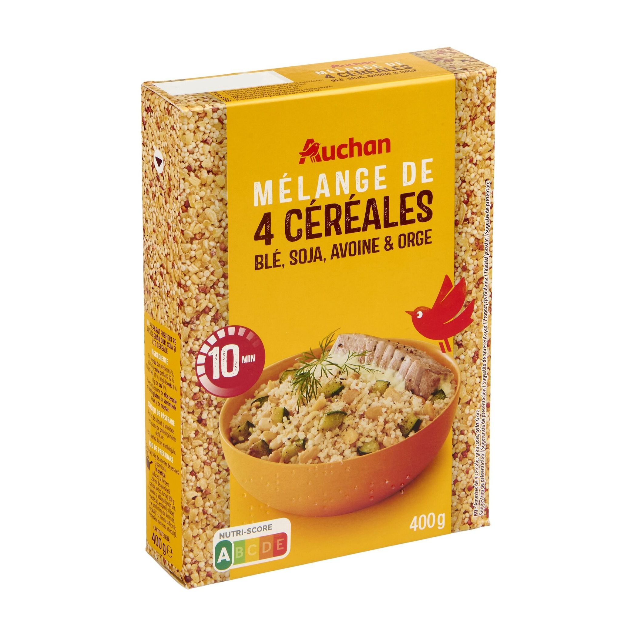 Voir la diapositive 2 : AUCHAN Mélange 4 céréales Blé Avoine Soja Orge prêt en 10 min 2x200g