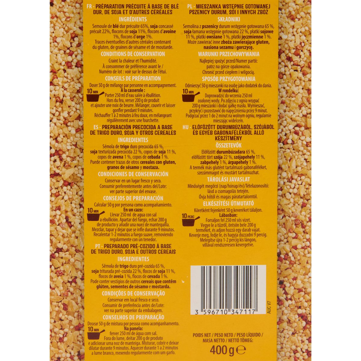 AUCHAN Mélange 4 céréales Blé Avoine Soja Orge prêt en 10 min 2x200g