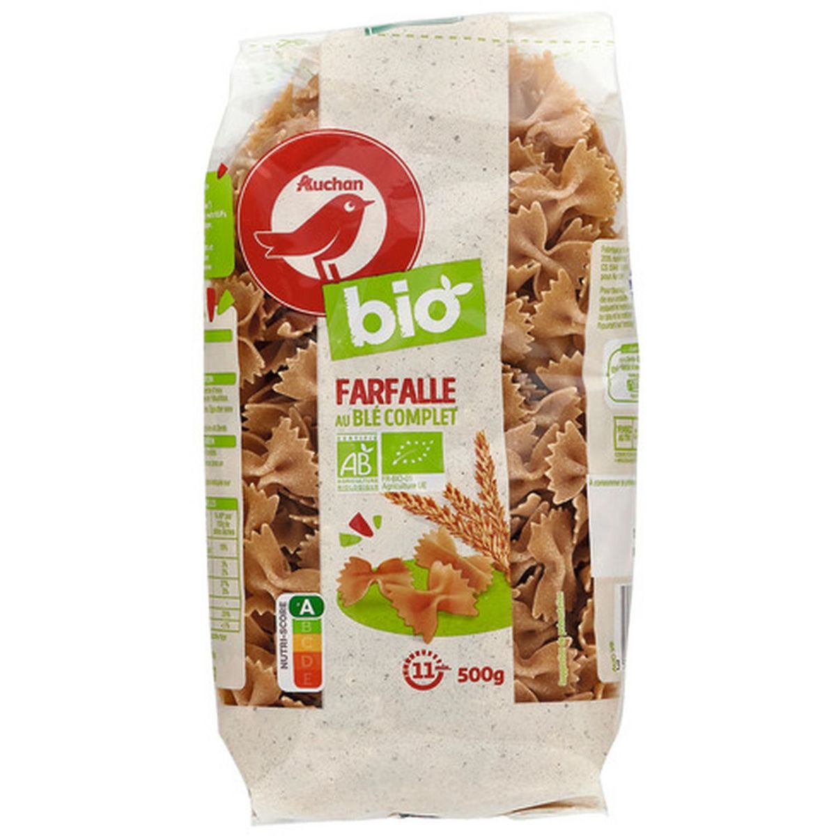 AUCHAN BIO Farfalles au blé entier 500g