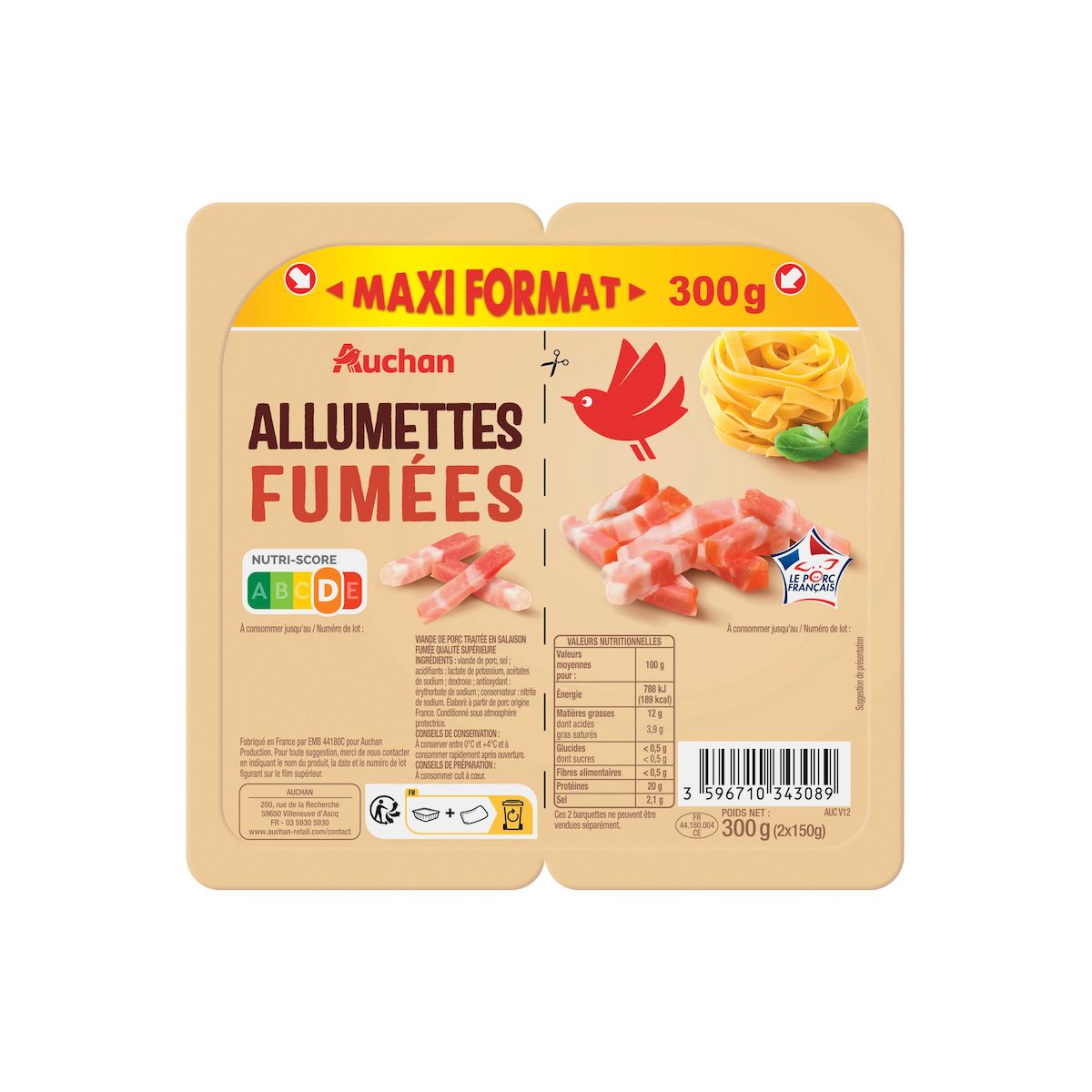 AUCHAN Allumettes fumées 2x150g