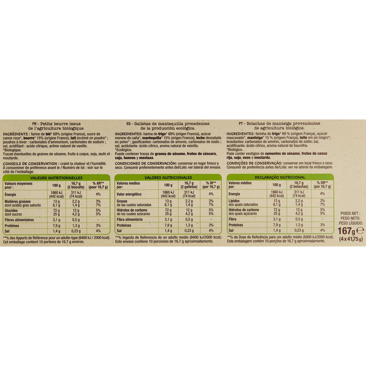 AUCHAN BIO CULTIVONS LE BON Biscuits petit beurre riches en céréales 4x5 biscuits 167g