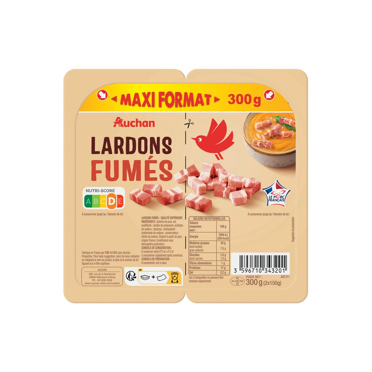 AUCHAN Lardons fumés 2x150g