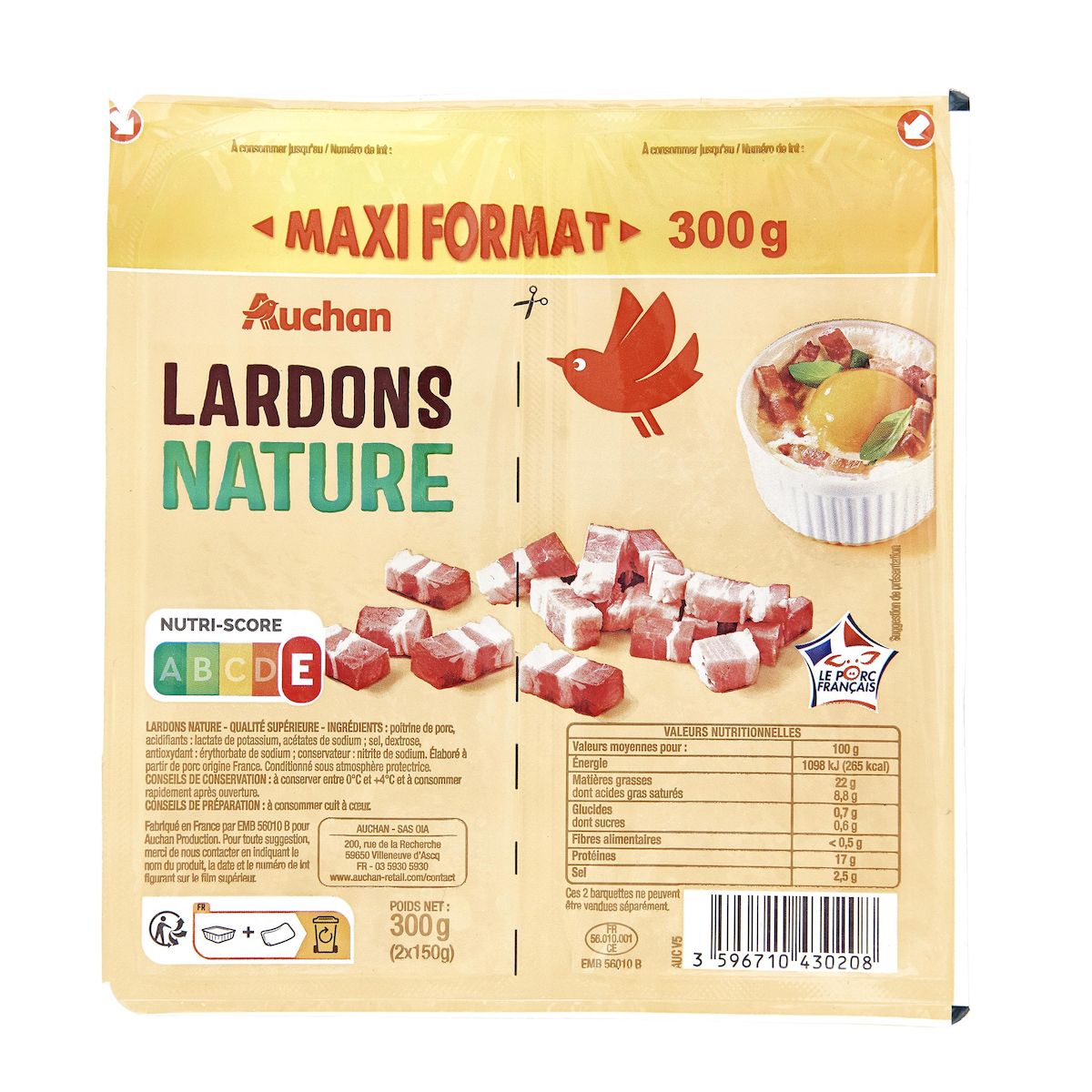 AUCHAN Lardons nature 2x150g