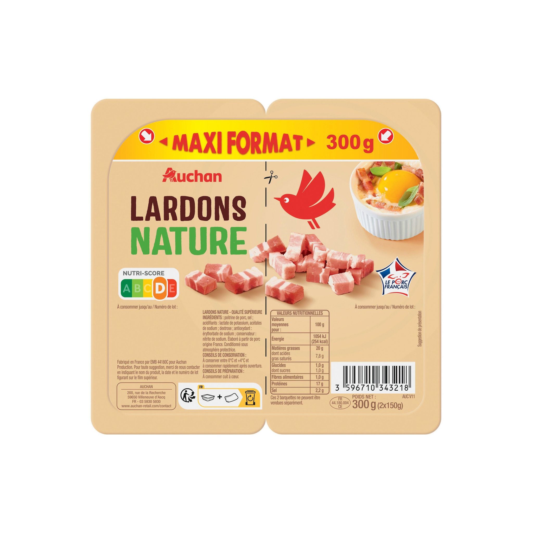 Voir la diapositive 2 : AUCHAN Lardons nature 2x150g
