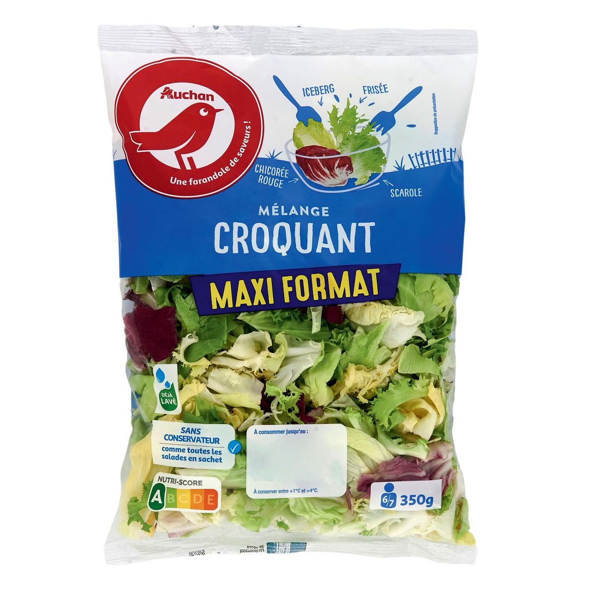 AUCHAN Mélange croquant de frisée chicorée rouge scarole et iceberg 5-6 parts 350g