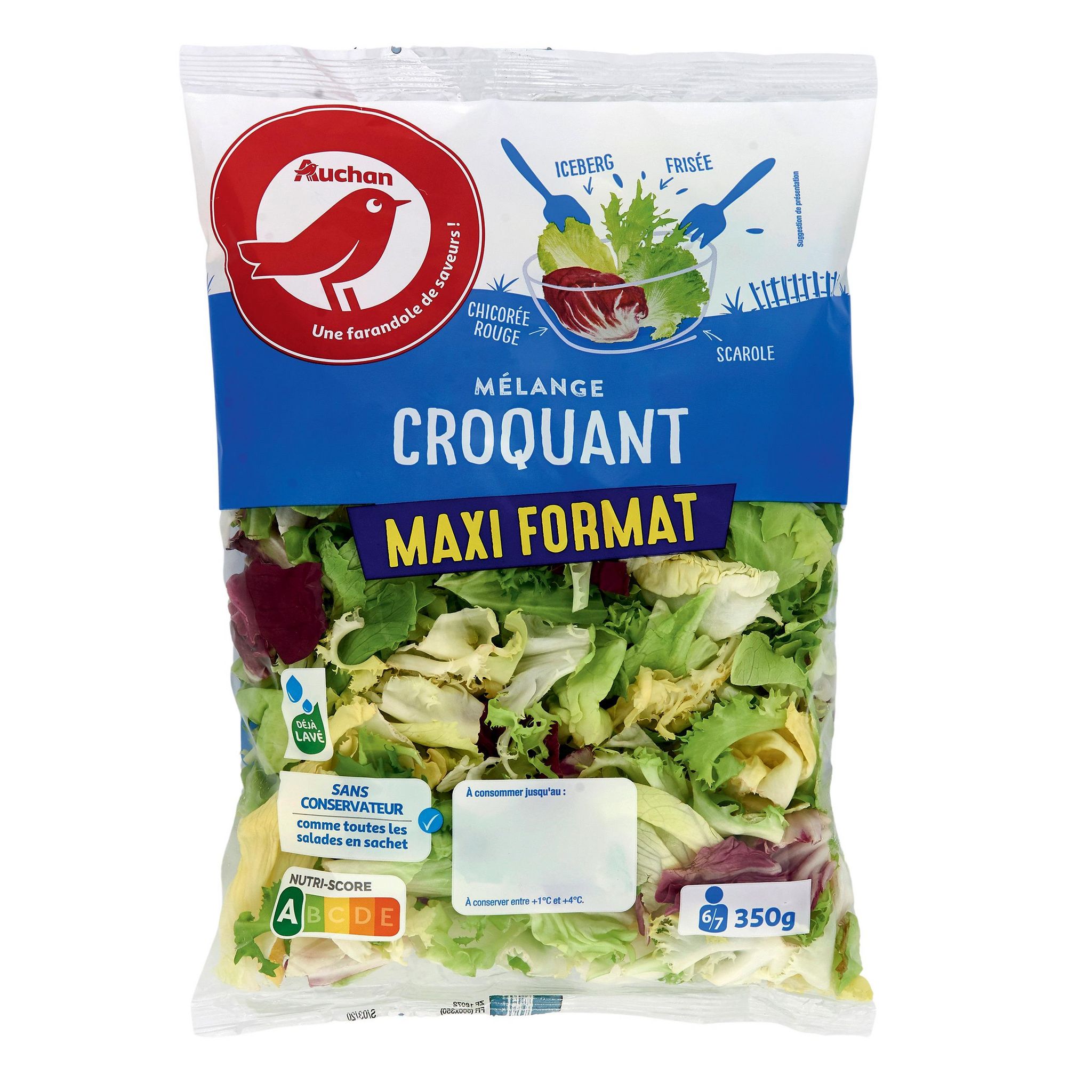 Voir la diapositive 2 : AUCHAN Mélange croquant de frisée chicorée rouge scarole et iceberg 5-6 parts 350g