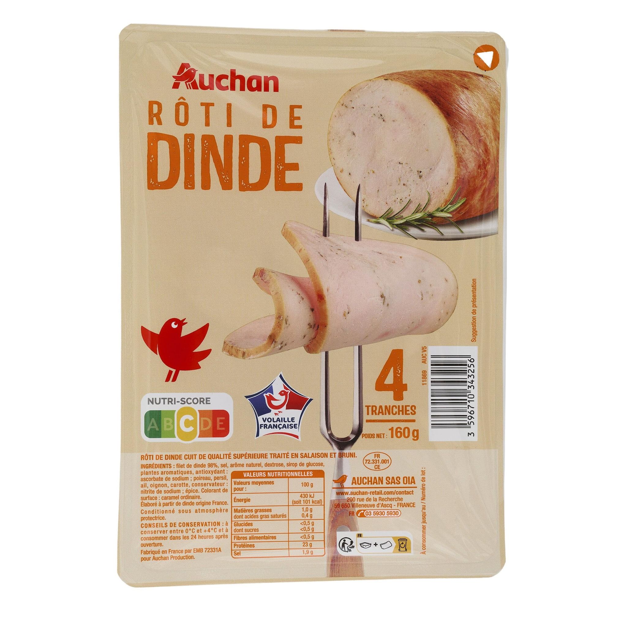 Voir la diapositive 2 : AUCHAN Rôti de dinde 4 tranches 160g