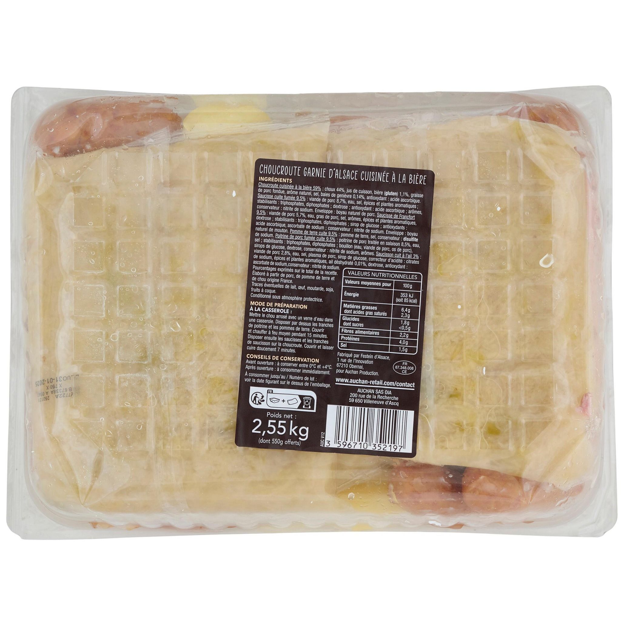 Voir la diapositive 3 : AUCHAN TERROIR Choucroute garnie et cuisinée à la bière 6 parts 2,55kg dont 550g offerts