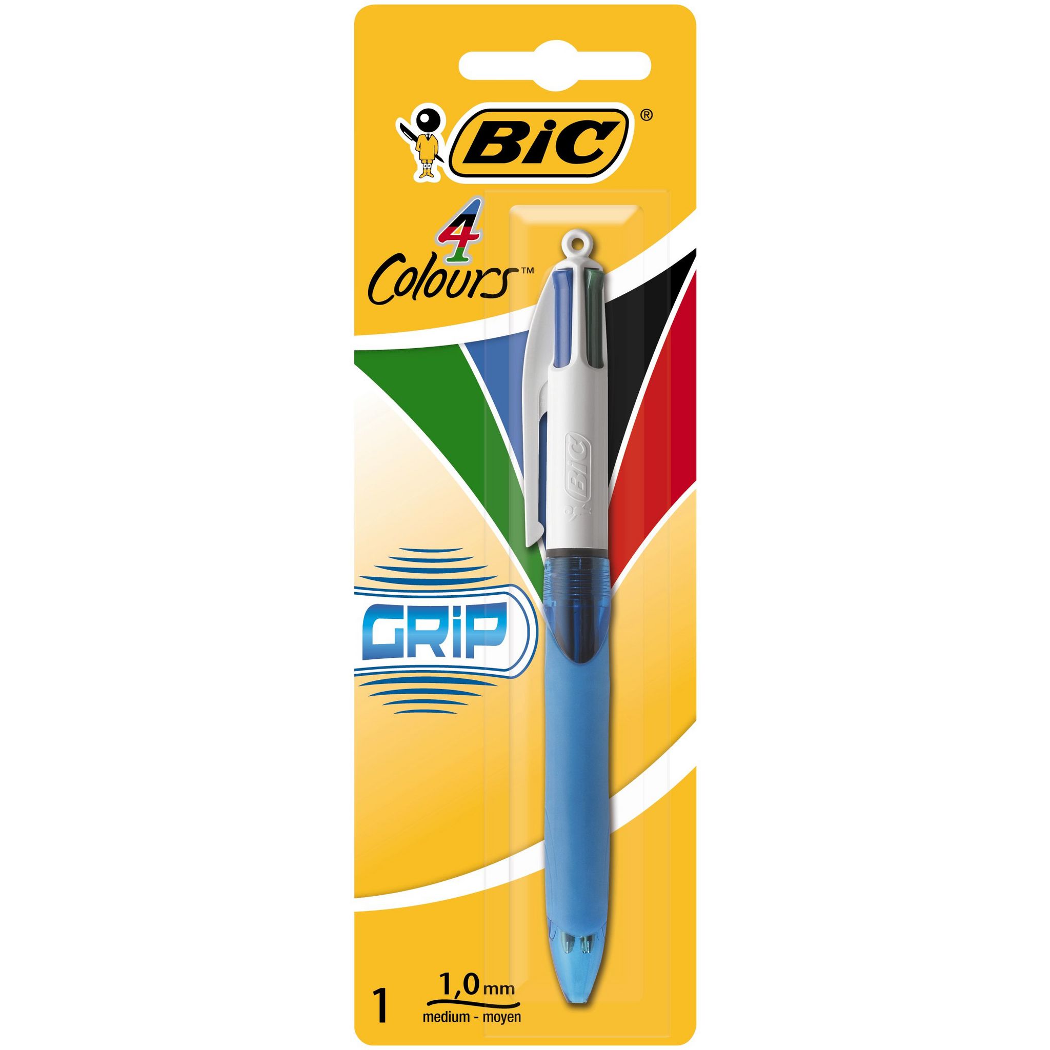 BIC Stylo bille 4 couleurs rétractable pointe moyenne GRIP bleu