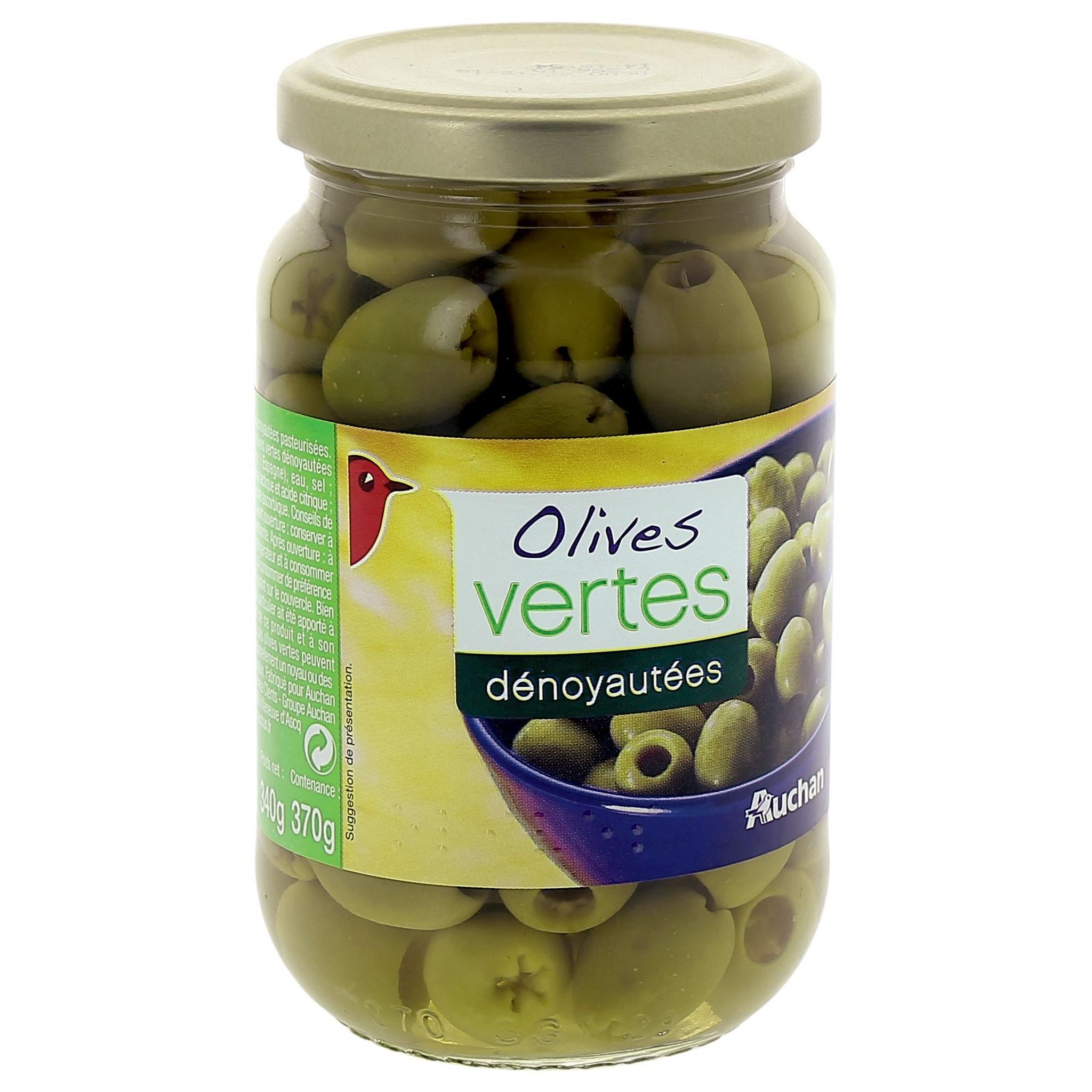 Voir la diapositive 2 : AUCHAN Olives vertes dénoyautées 160g