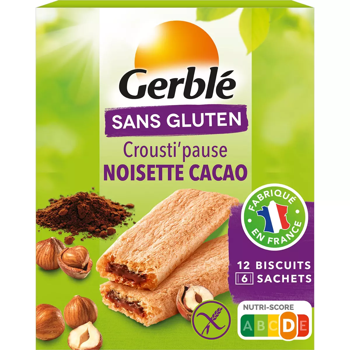 GERBLE Biscuits Crousti' pause cacao noisettes sans gluten sachets individuels 5x2 biscuits 125g