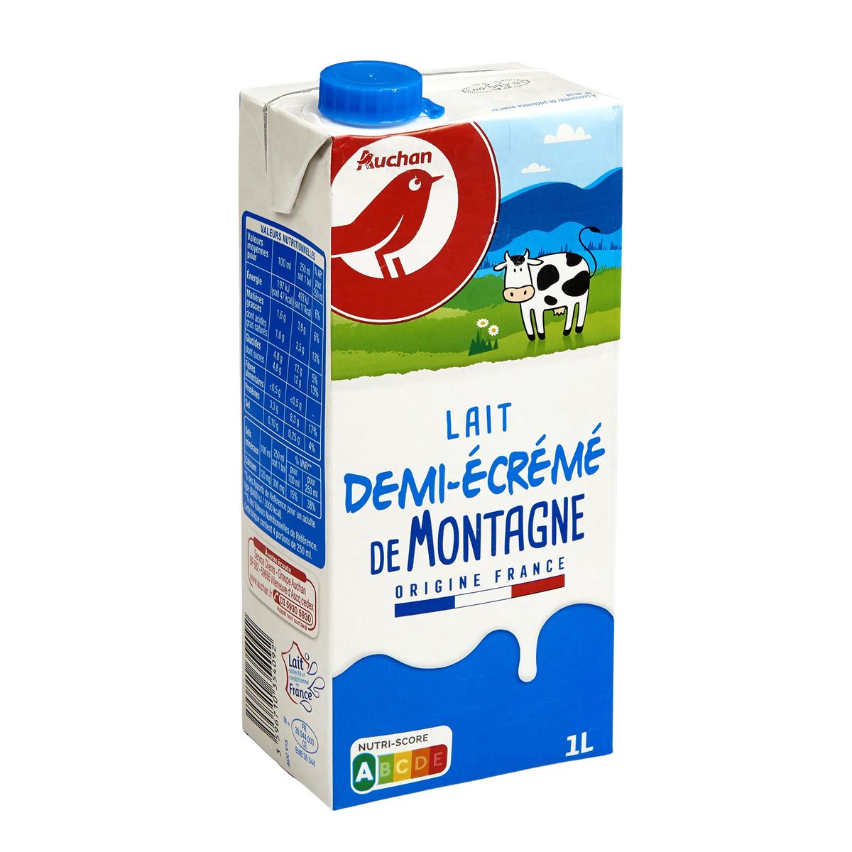 AUCHAN Lait demi-écréme des montagnes 1L