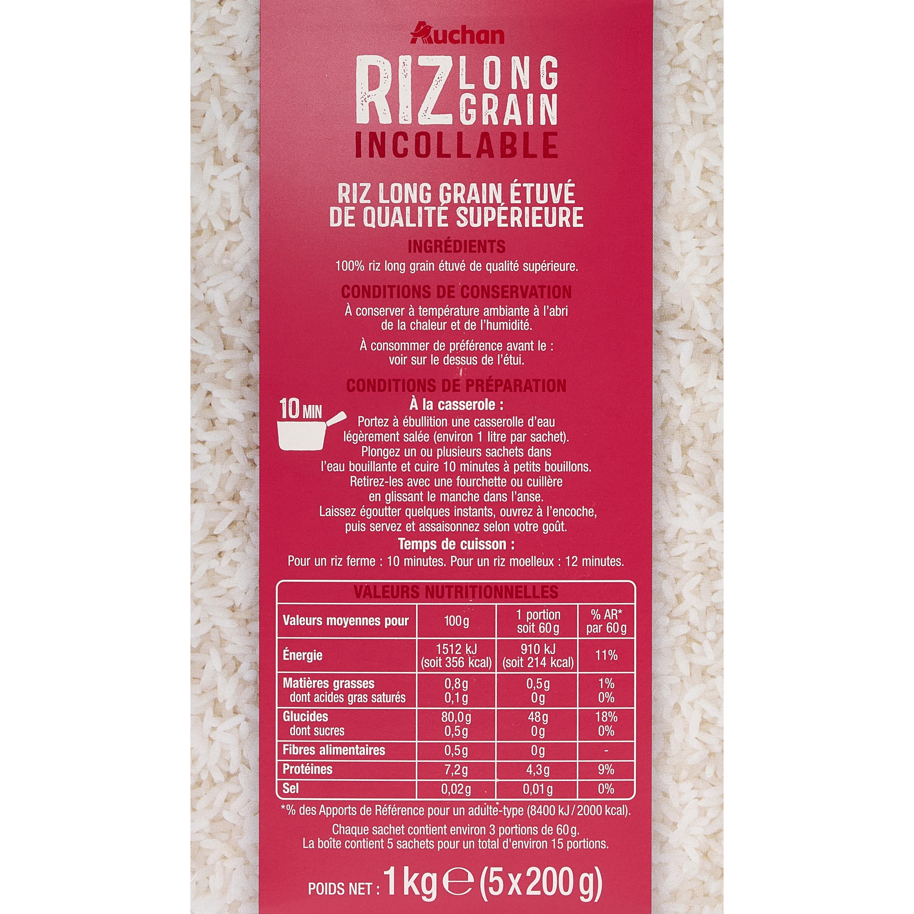 Voir la diapositive 2 : AUCHAN Riz long grain incollable sachets cuisson prêt en 10 min 5 sachets 1kg