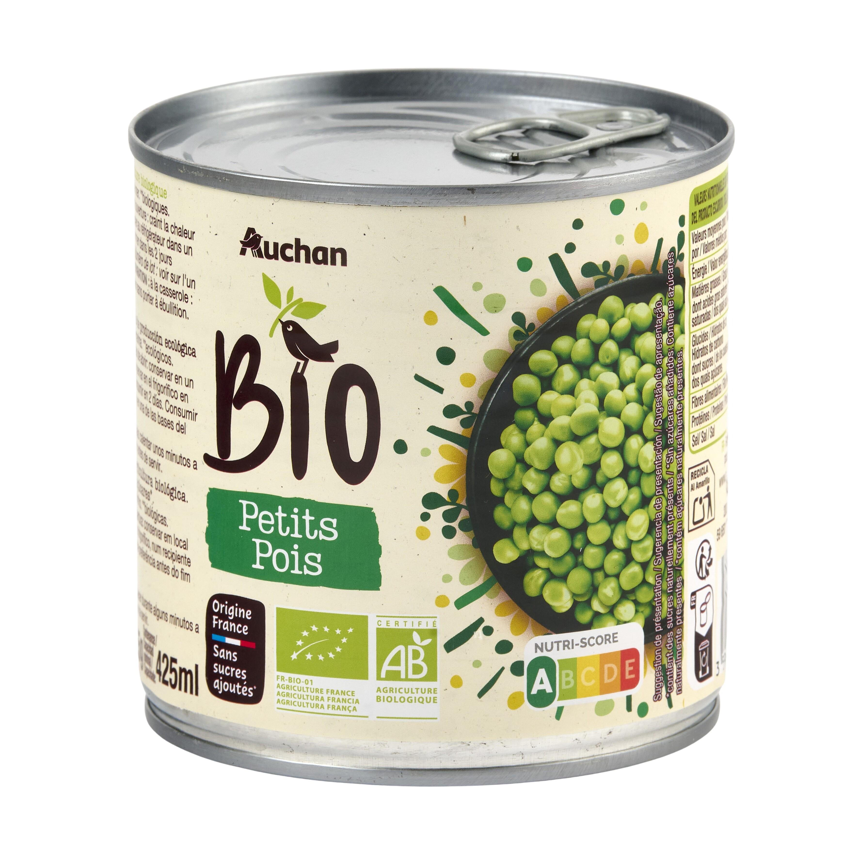 Voir la diapositive 2 : AUCHAN BIO Petits pois sans sucres ajoutés 280g