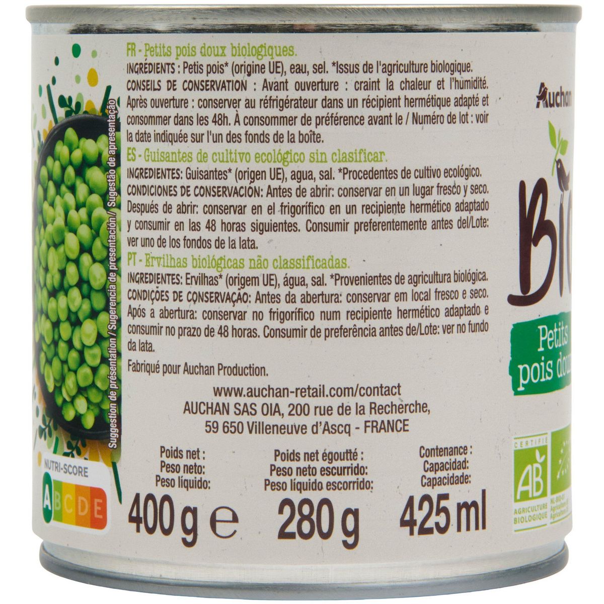 AUCHAN BIO Petits pois sans sucres ajoutés 280g