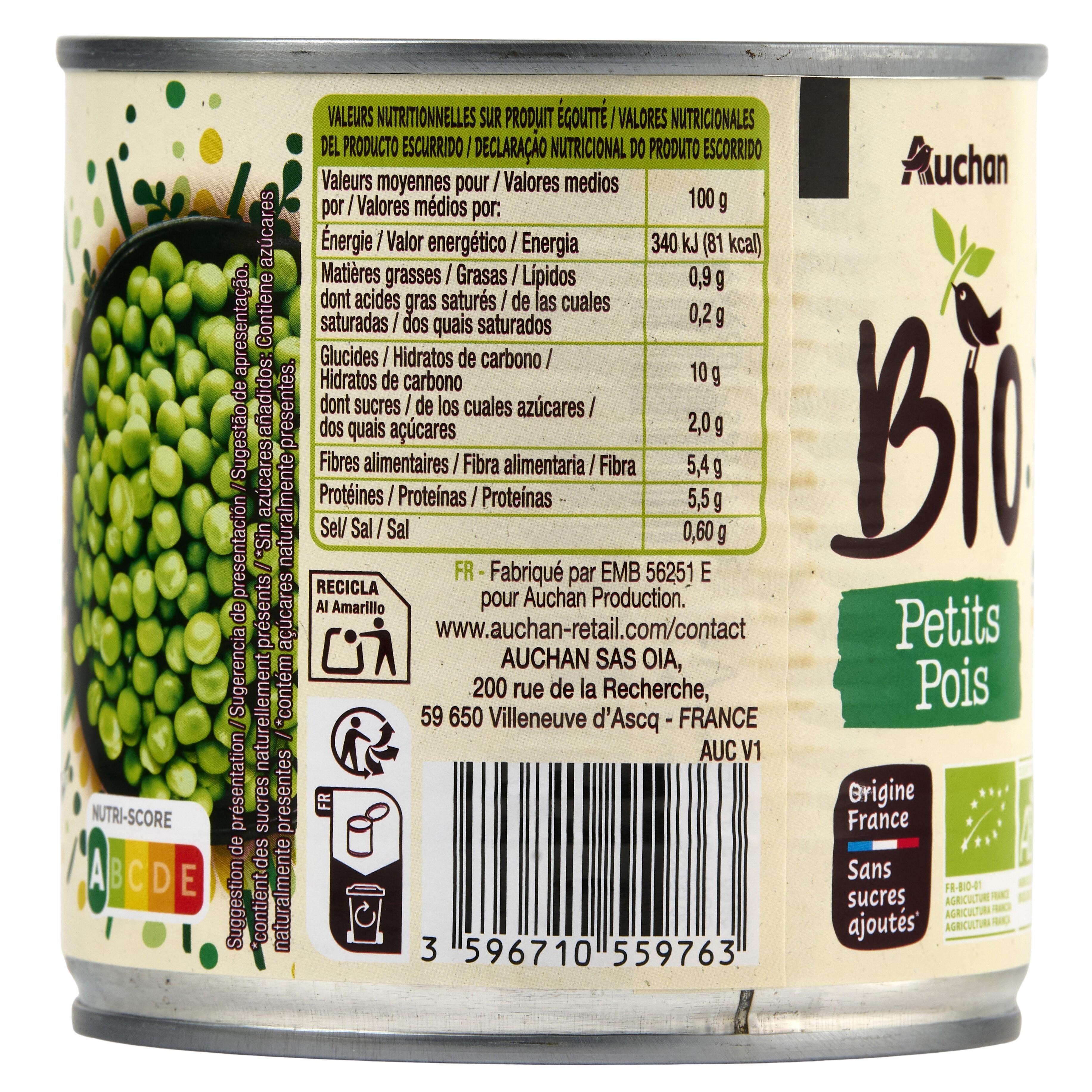 Voir la diapositive 3 : AUCHAN BIO Petits pois sans sucres ajoutés 280g