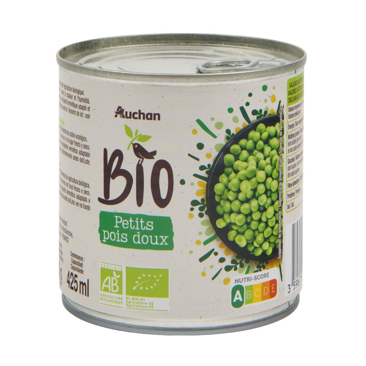 AUCHAN BIO Petits pois sans sucres ajoutés 280g