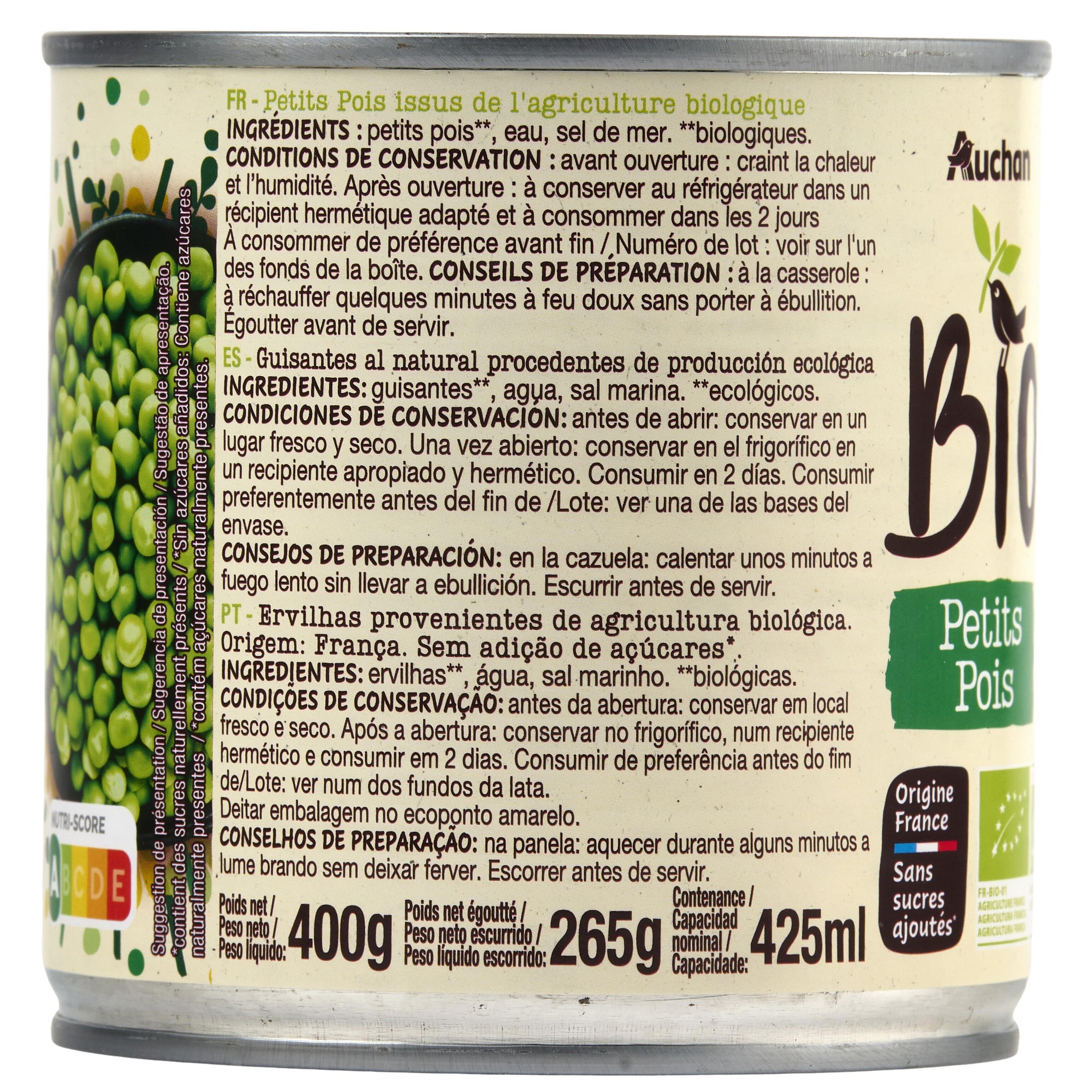 Voir la diapositive 4 : AUCHAN BIO Petits pois sans sucres ajoutés 280g
