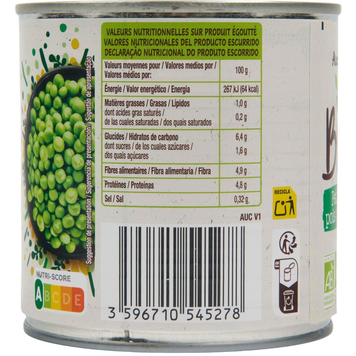 AUCHAN BIO Petits pois sans sucres ajoutés 280g