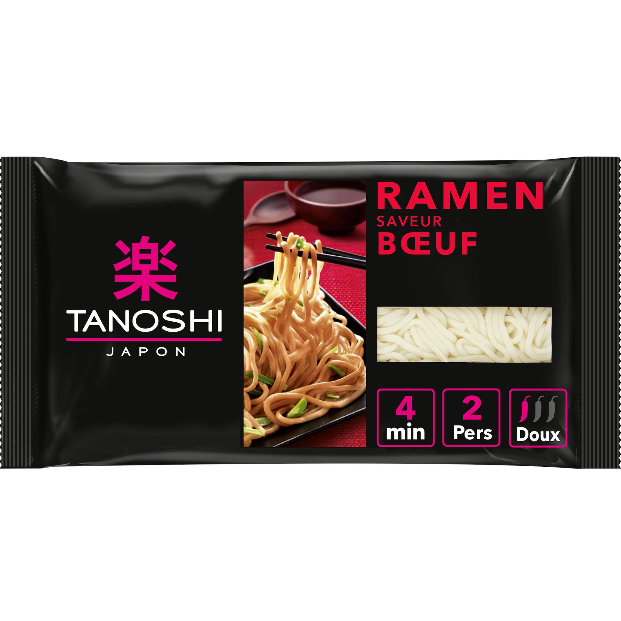 Voir la diapositive 2 : TANOSHI Ramen nouilles asiatiques précuites saveur bœuf sachet 2 personnes 360g