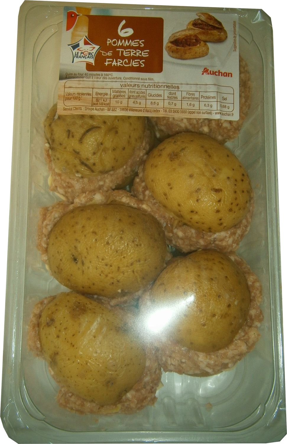 Voir la diapositive 2 : AUCHAN Pommes de terre farcies 6 pièces 1,2kg
