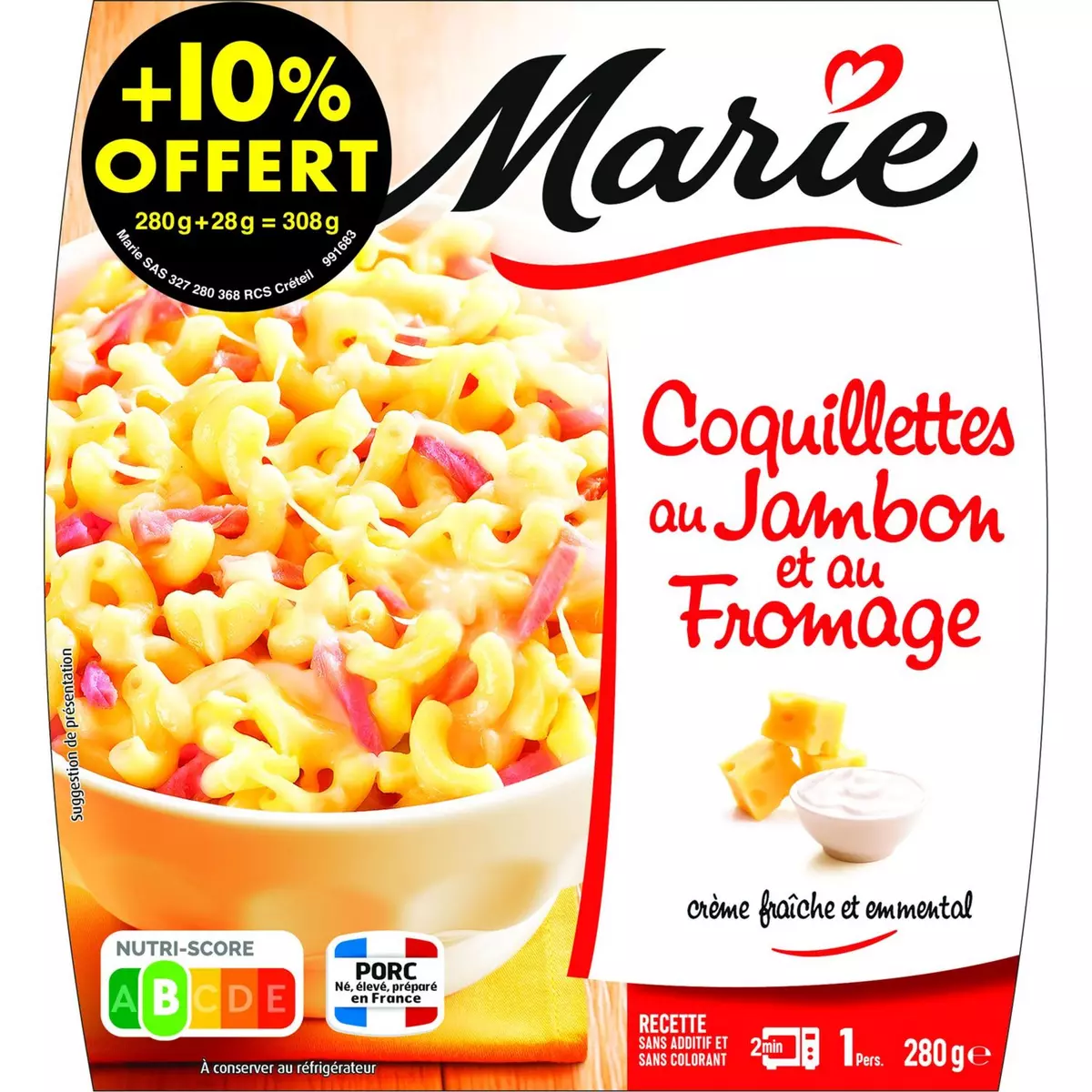 MARIE Coquillettes jambon et fromage 1 portion 280g + 28g offerts