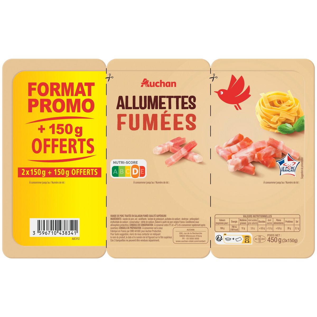AUCHAN Allumettes fumées 150g offert 3x150g